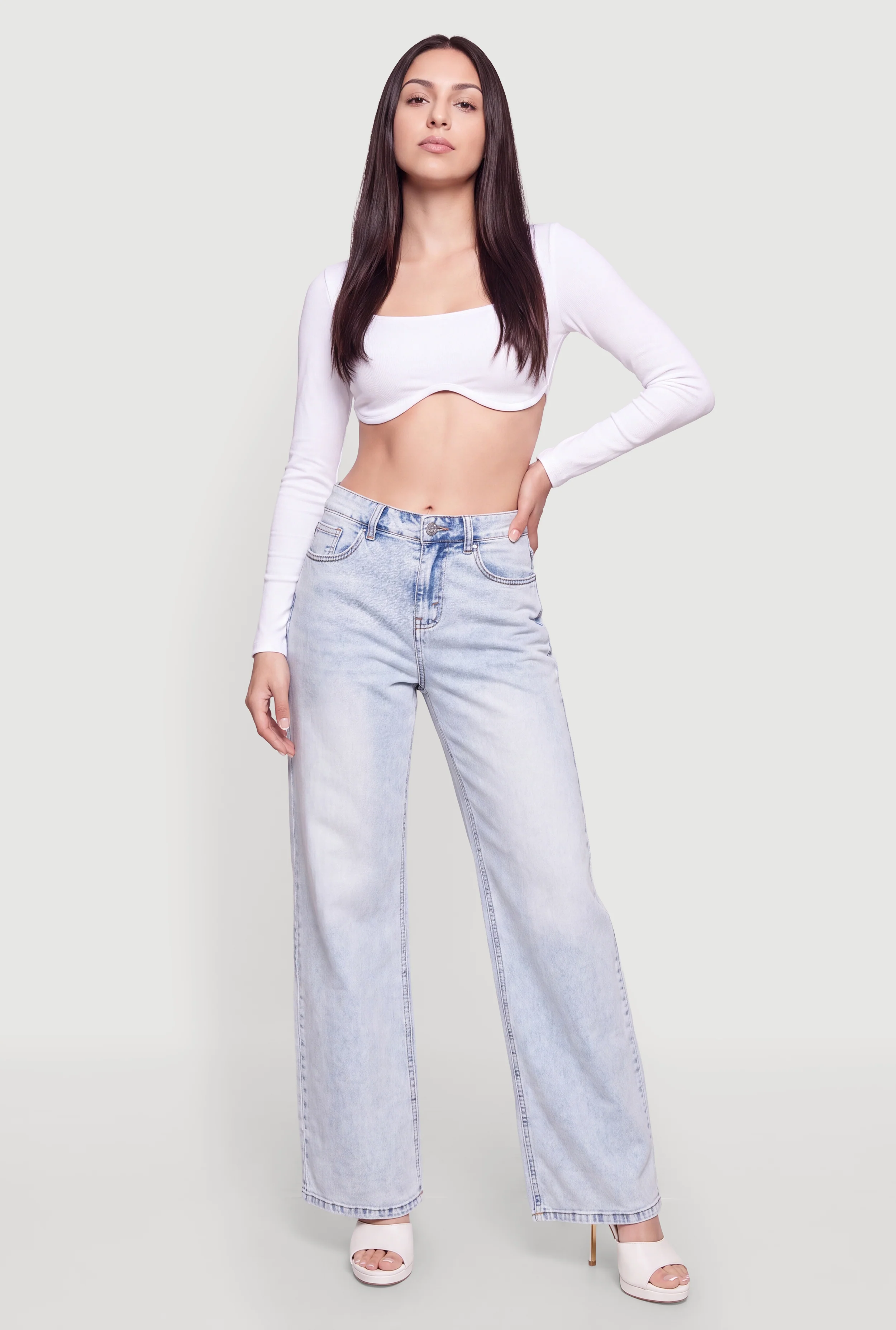 Whiskered Acid Wash Mid Rise Wide Leg Jeans