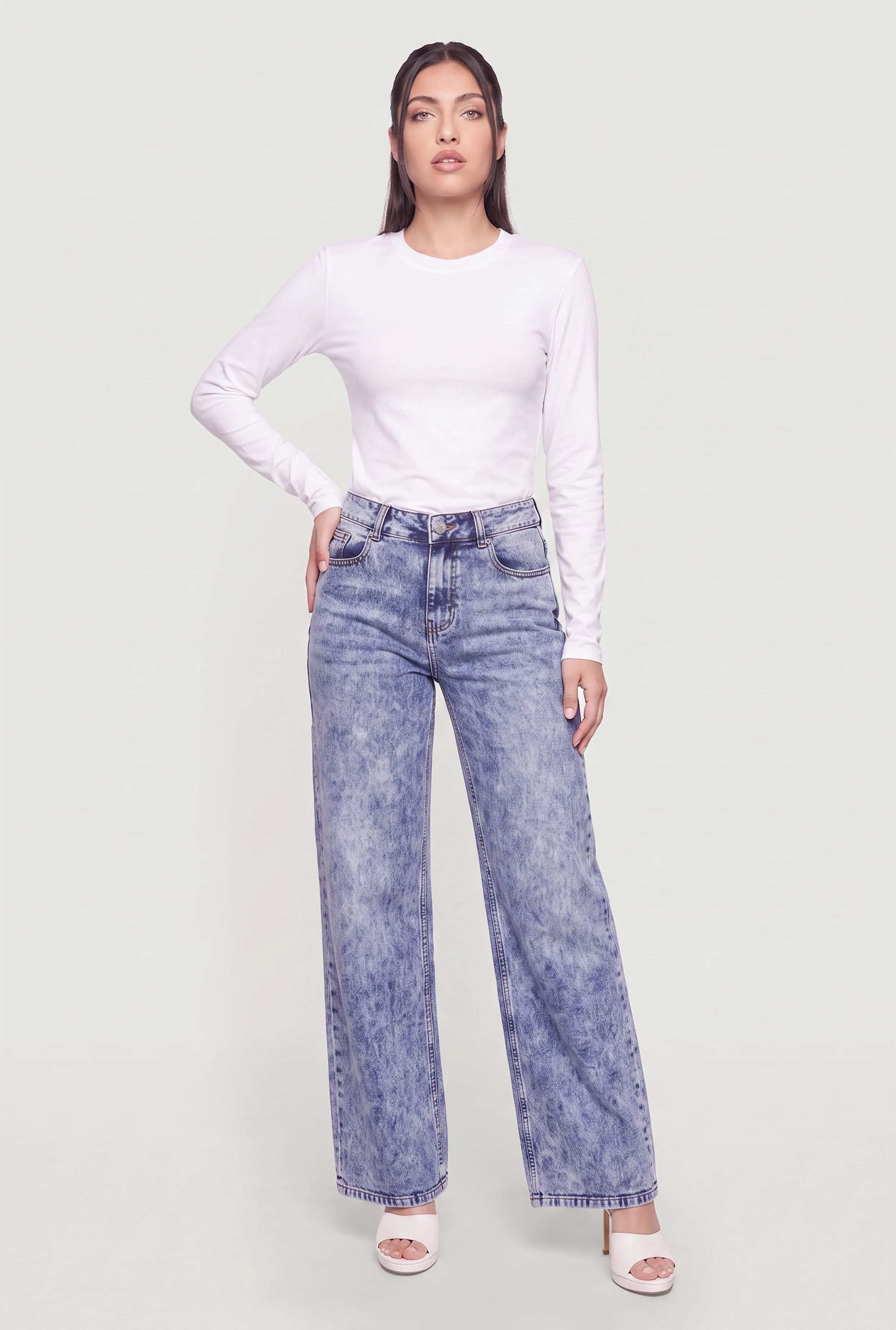 Whiskered Acid Wash Mid Rise Wide Leg Jeans