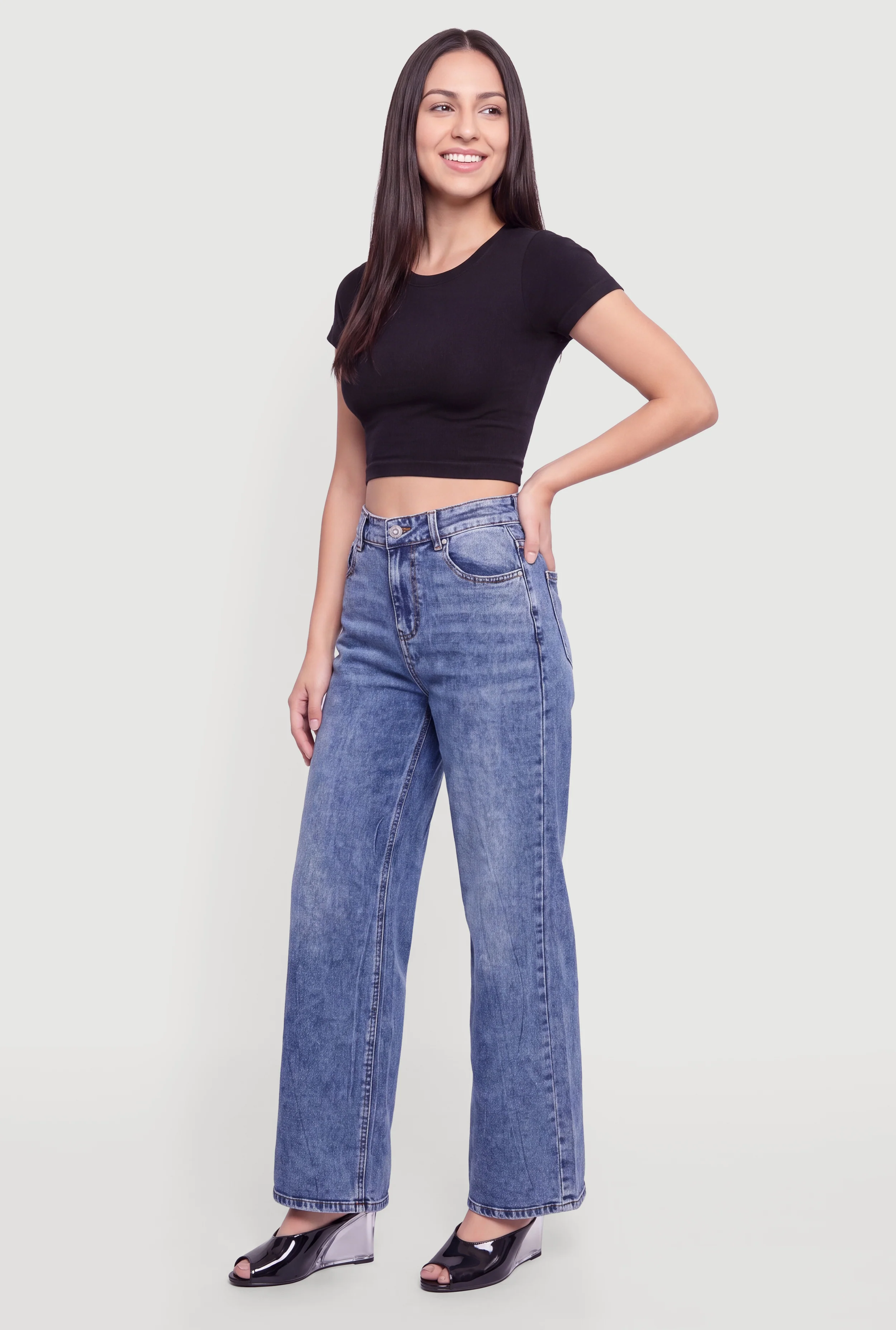 Whiskered Acid Wash Mid Rise Wide Leg Jeans