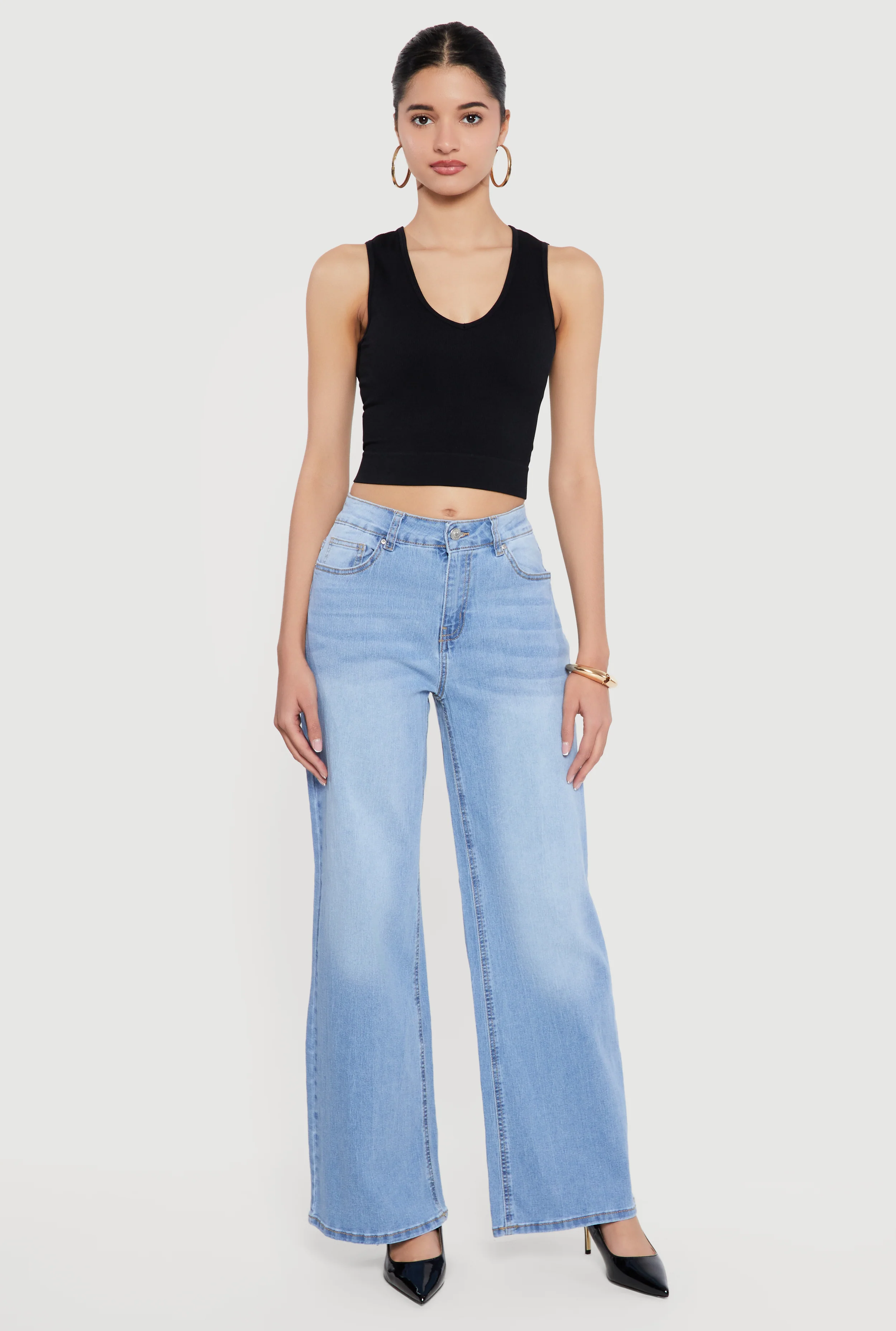 Whiskered Wide Leg Jeans