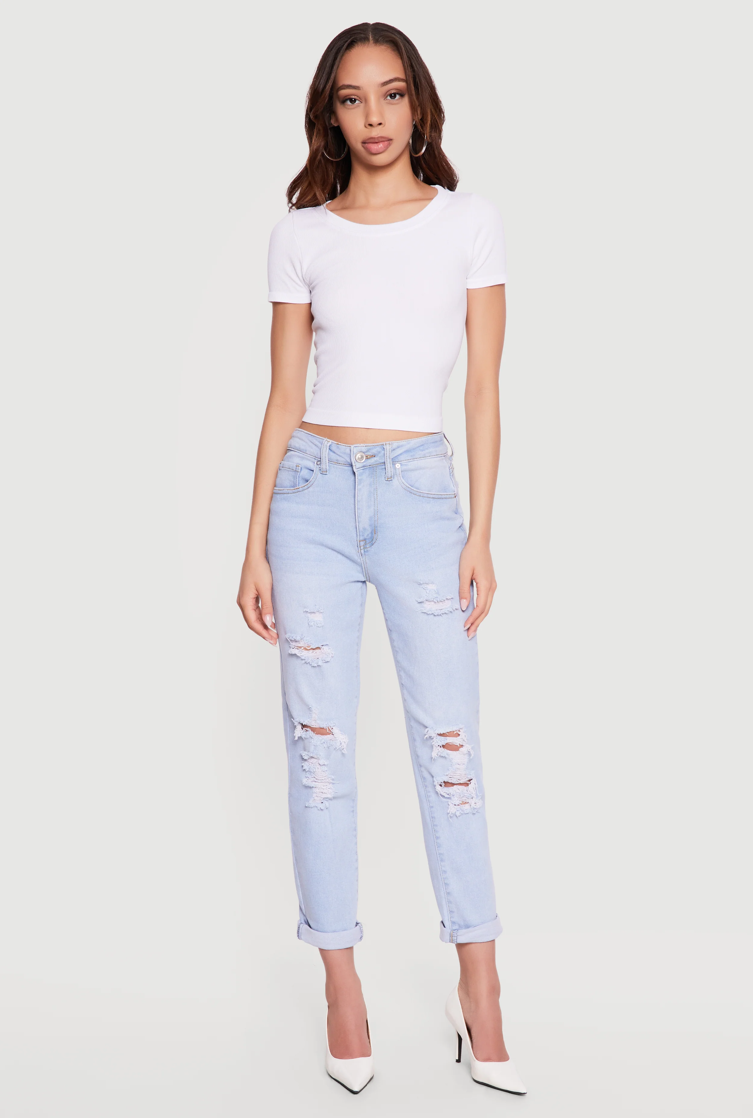 Distressed Straight Leg Roll Cuff Jeans