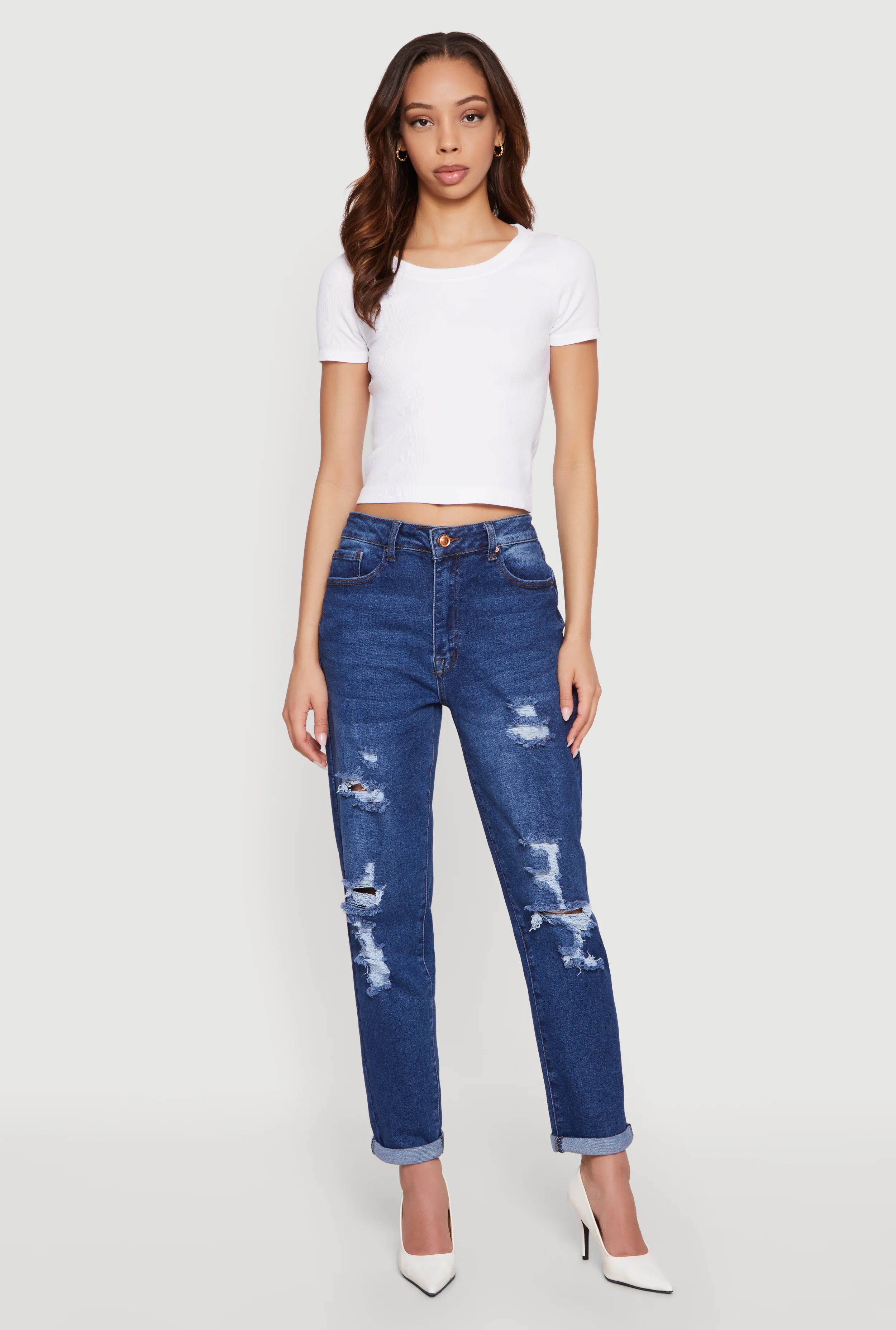 Distressed Straight Leg Roll Cuff Jeans