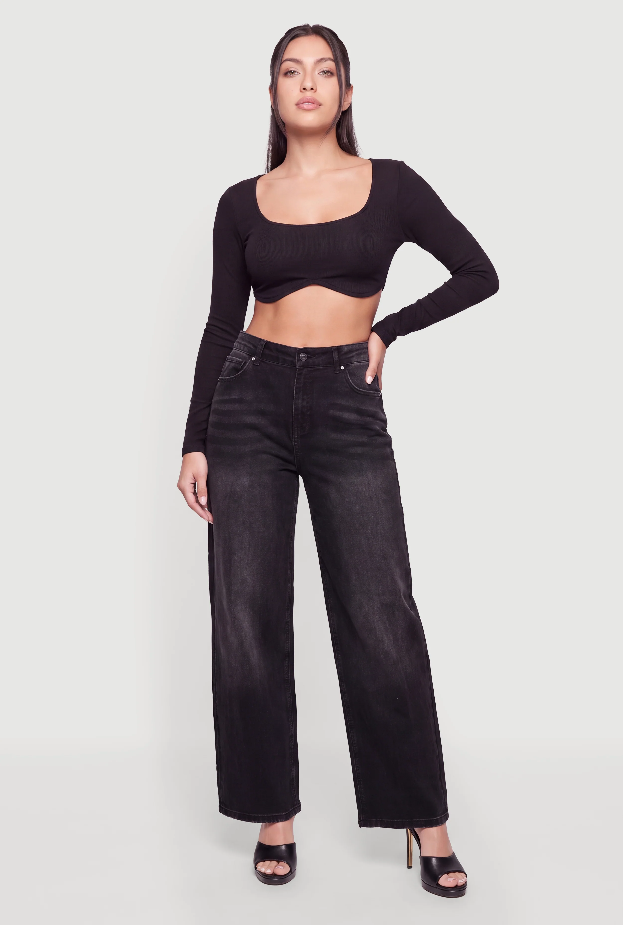 Mid Rise Acid Wash Straight Leg Jeans