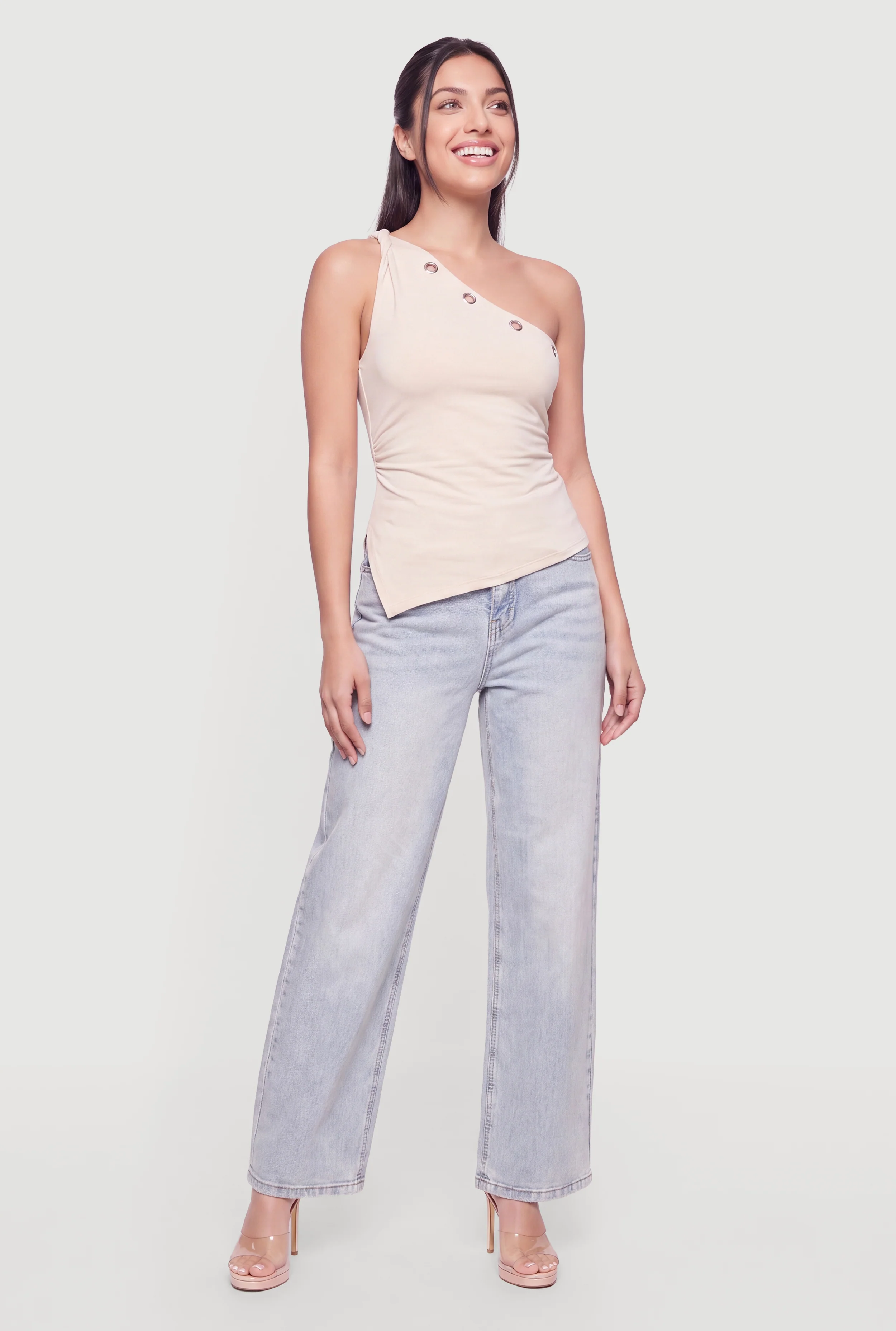 Mid Rise Acid Wash Straight Leg Jeans
