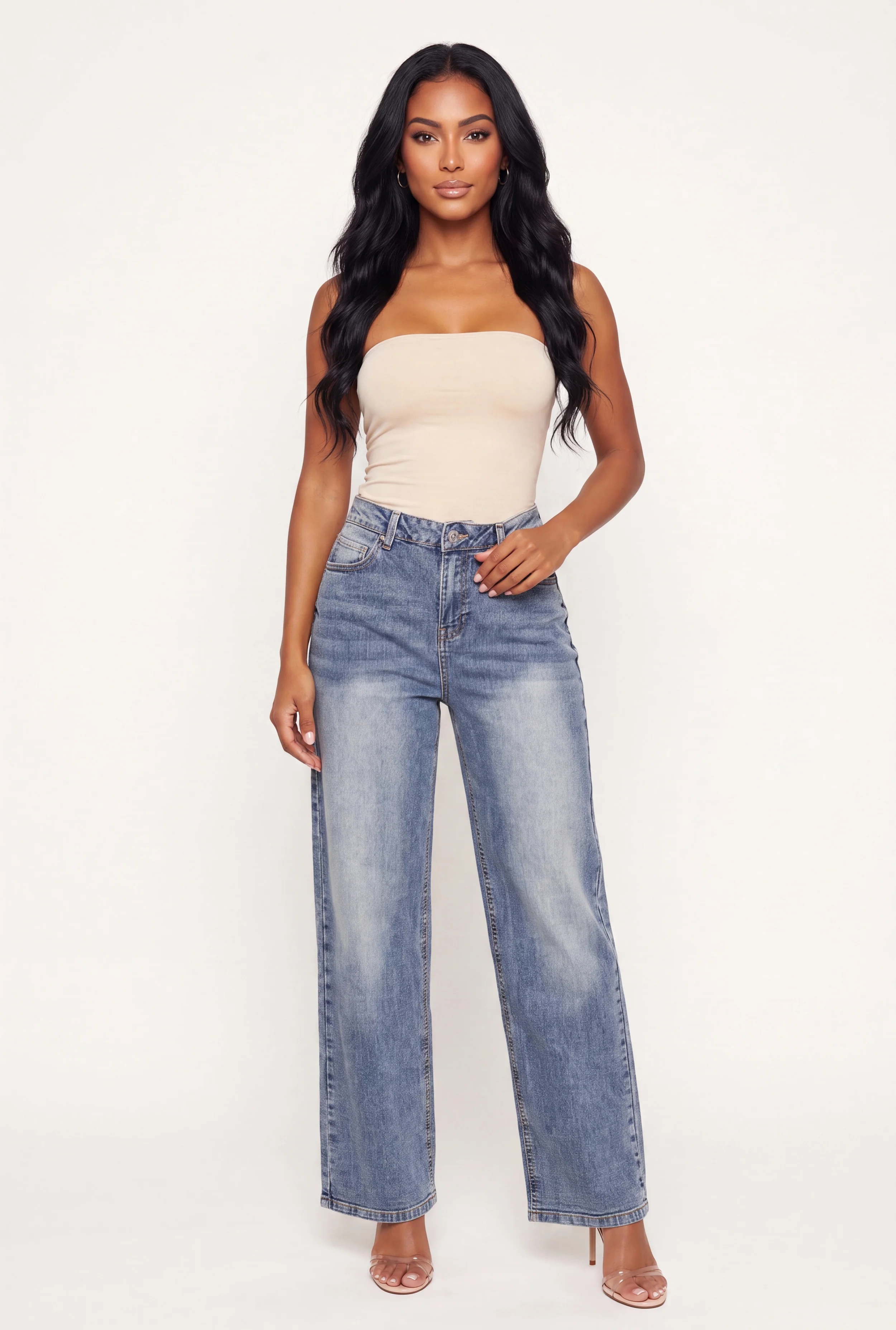 Mid Rise Acid Wash Straight Leg Jeans