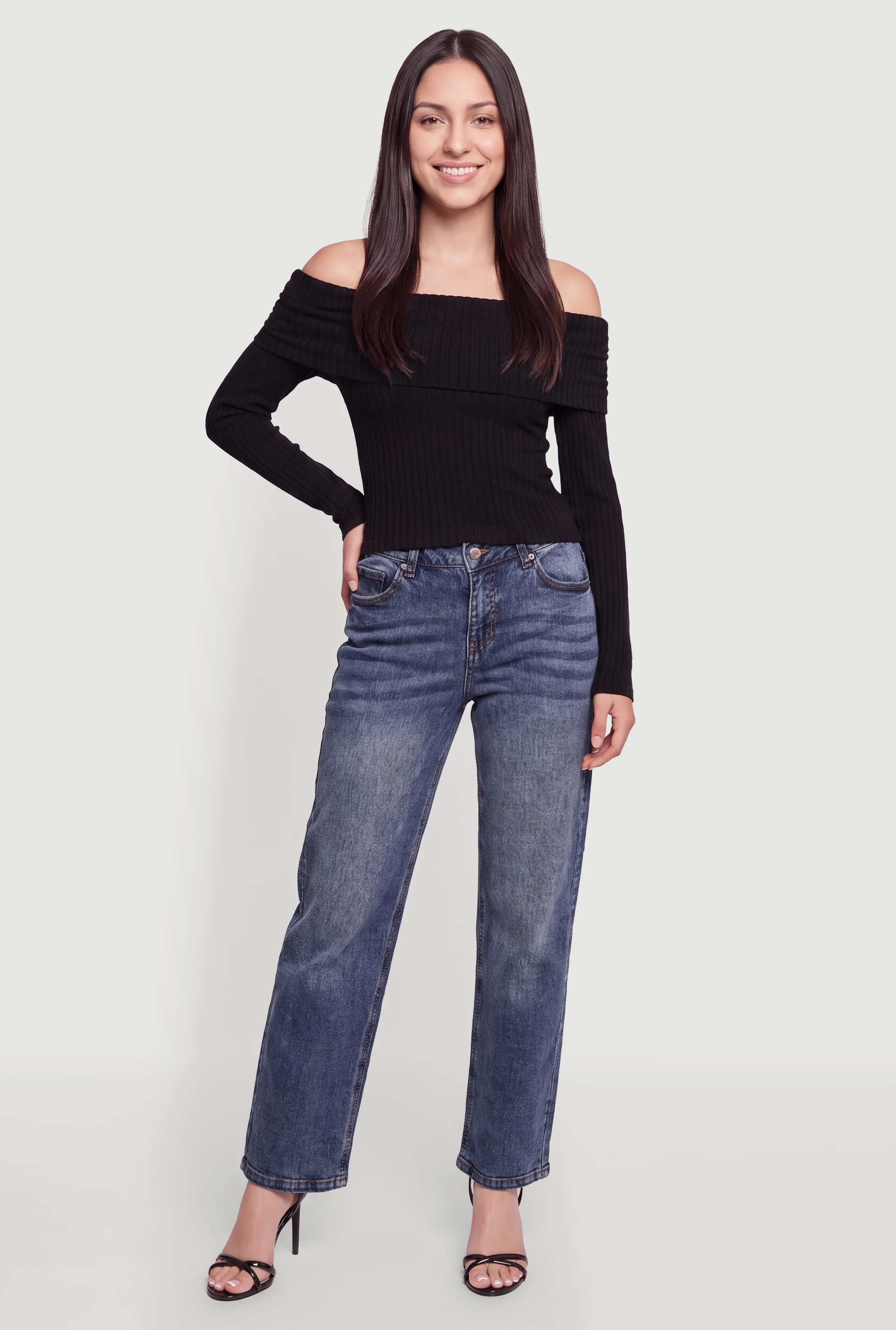 Mid Rise Acid Wash Straight Leg Jeans