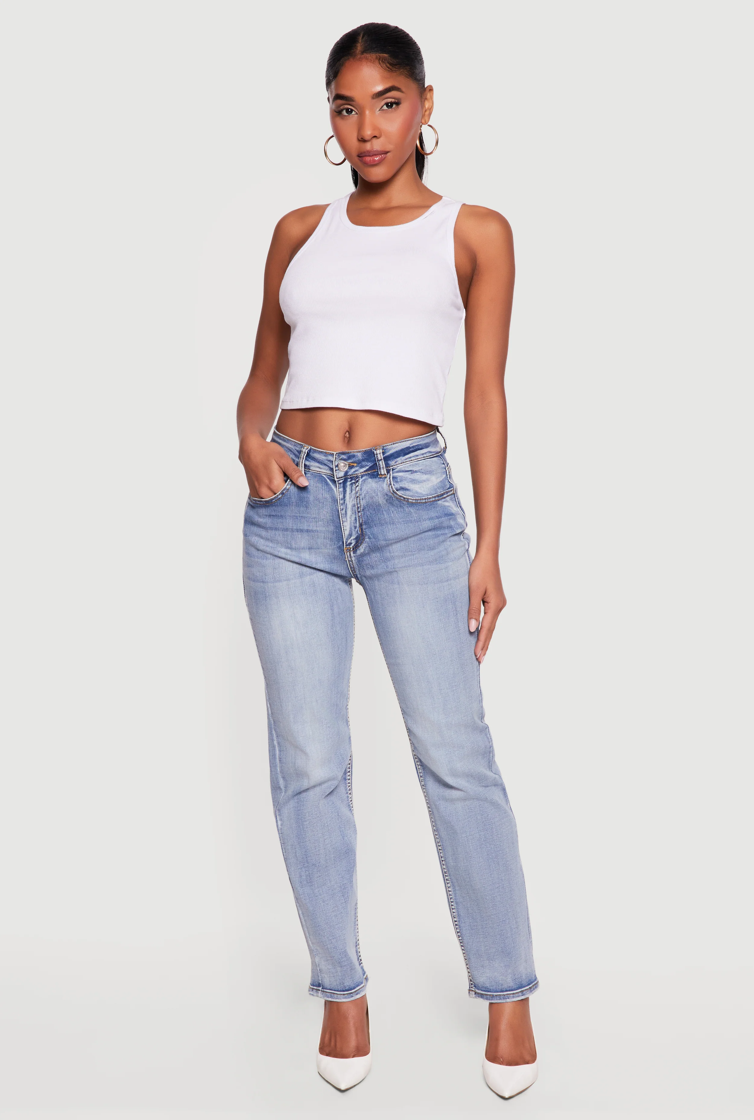 High Waisted Whiskered Straight Leg Jeans