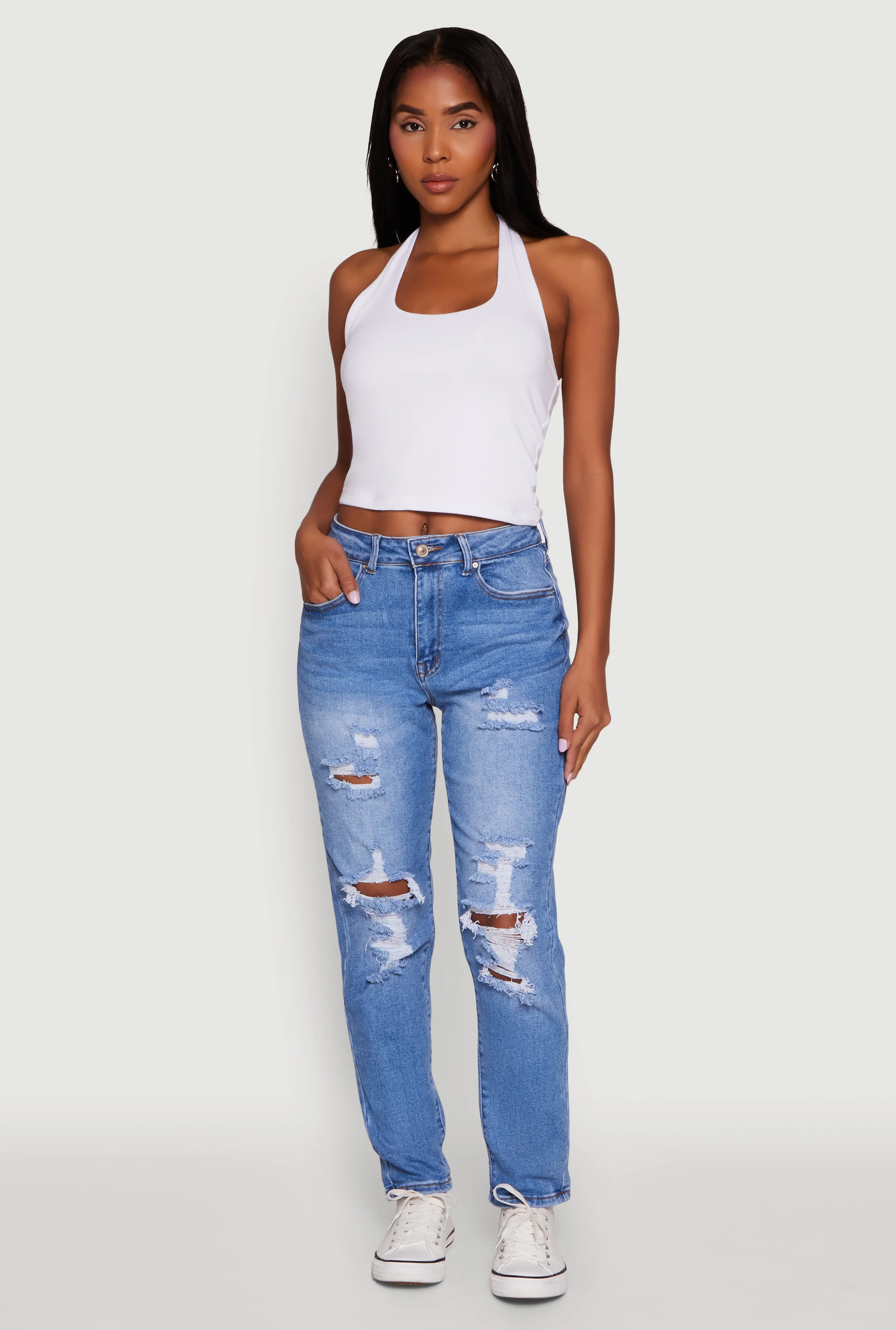 WAX Mid Rise Boyfriend Cut Distressed Jeans