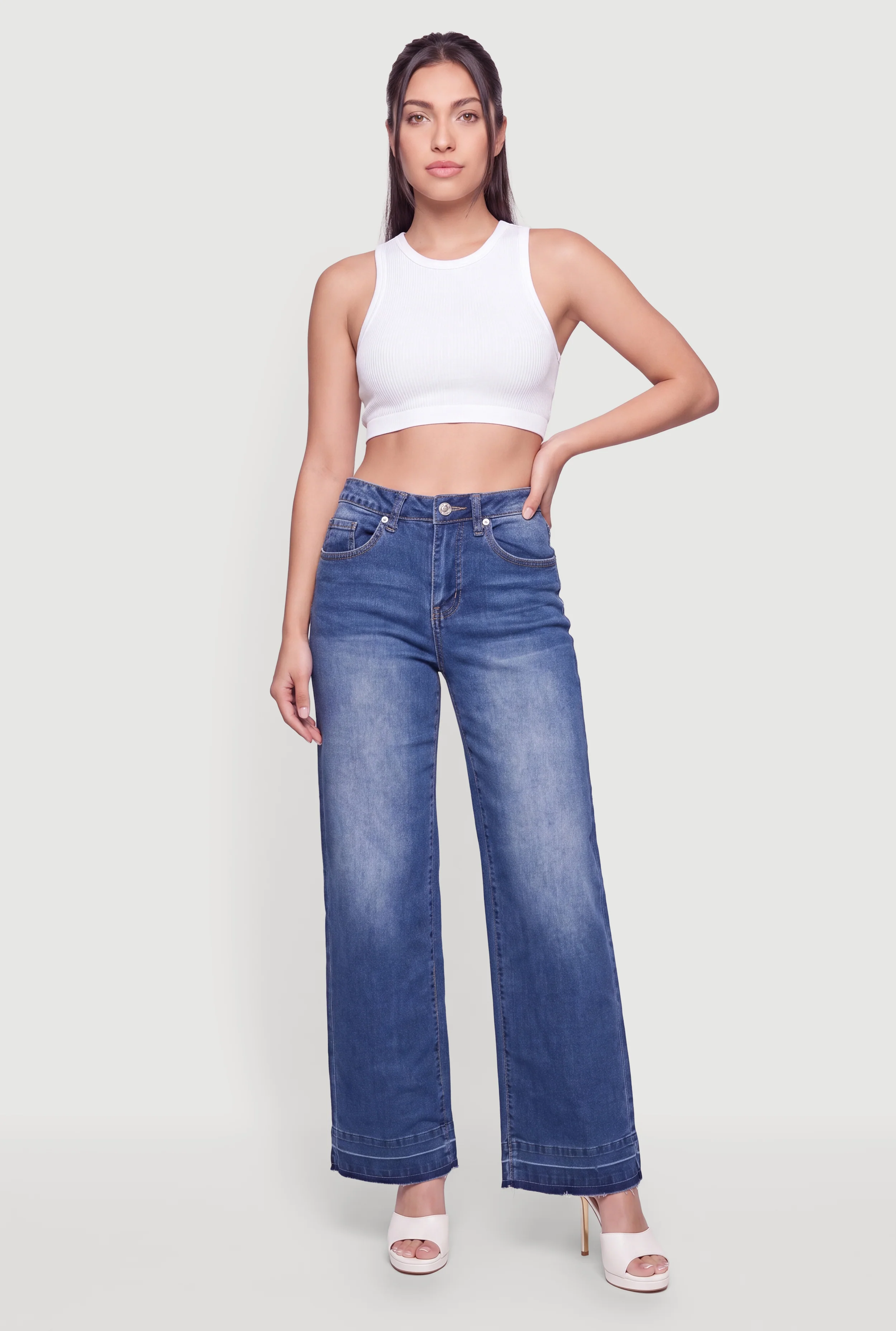 Trendy Raw Hem Wide Leg Mid Rise Jeans