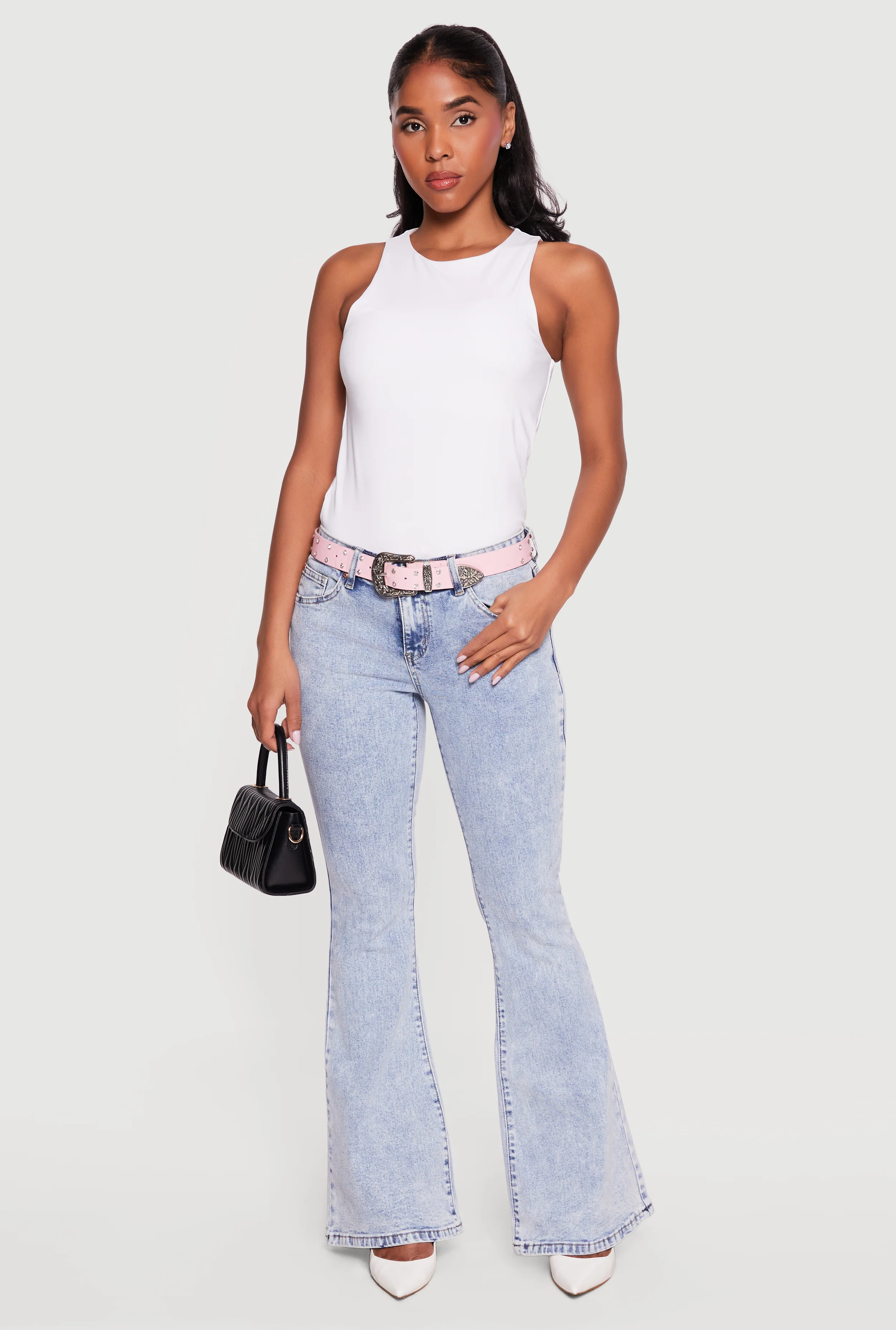 Almost Famous Acid Wash Flare Jeans with Belt