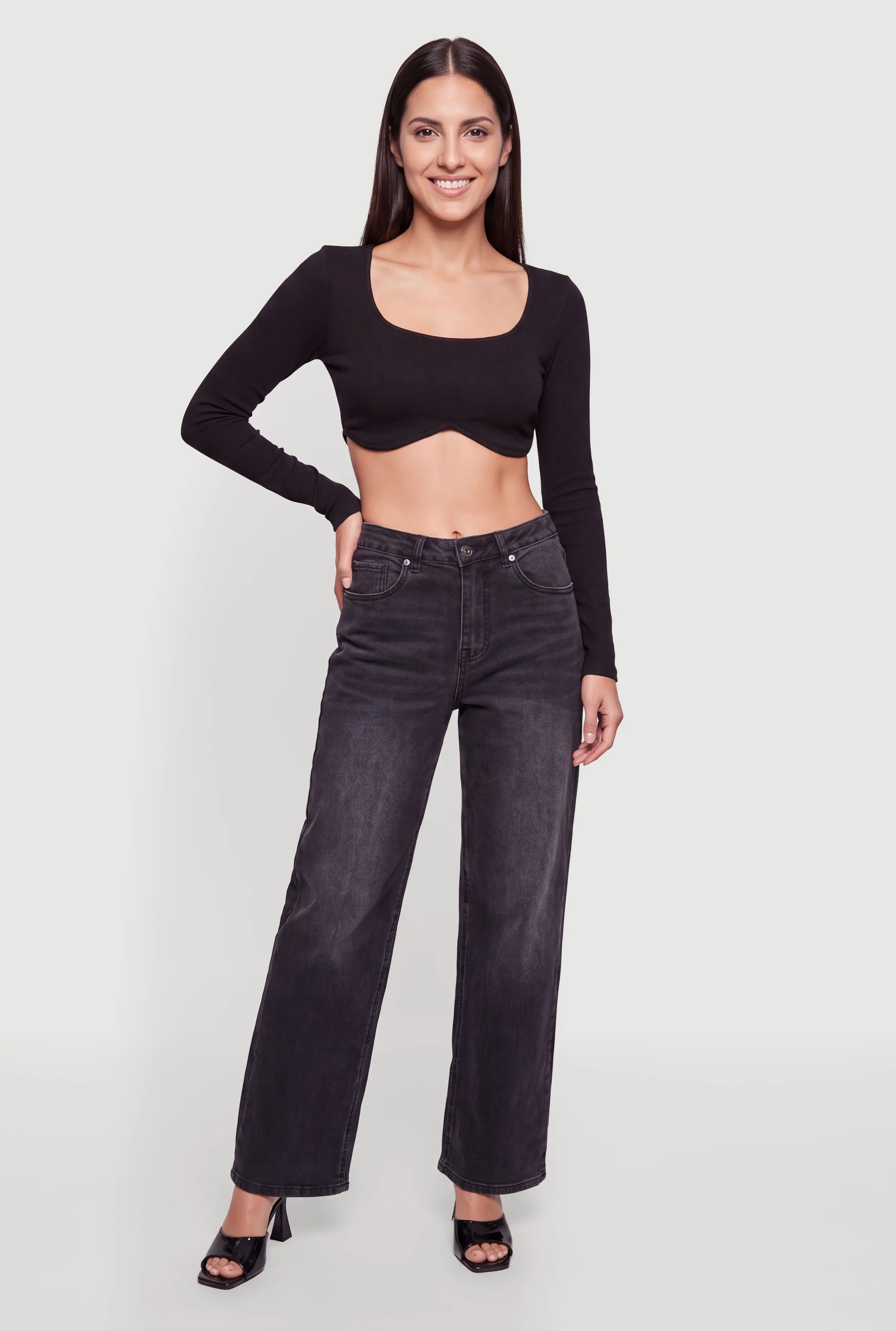 Trendy Mid Rise Acid Wash Whiskered Wide Leg Jeans