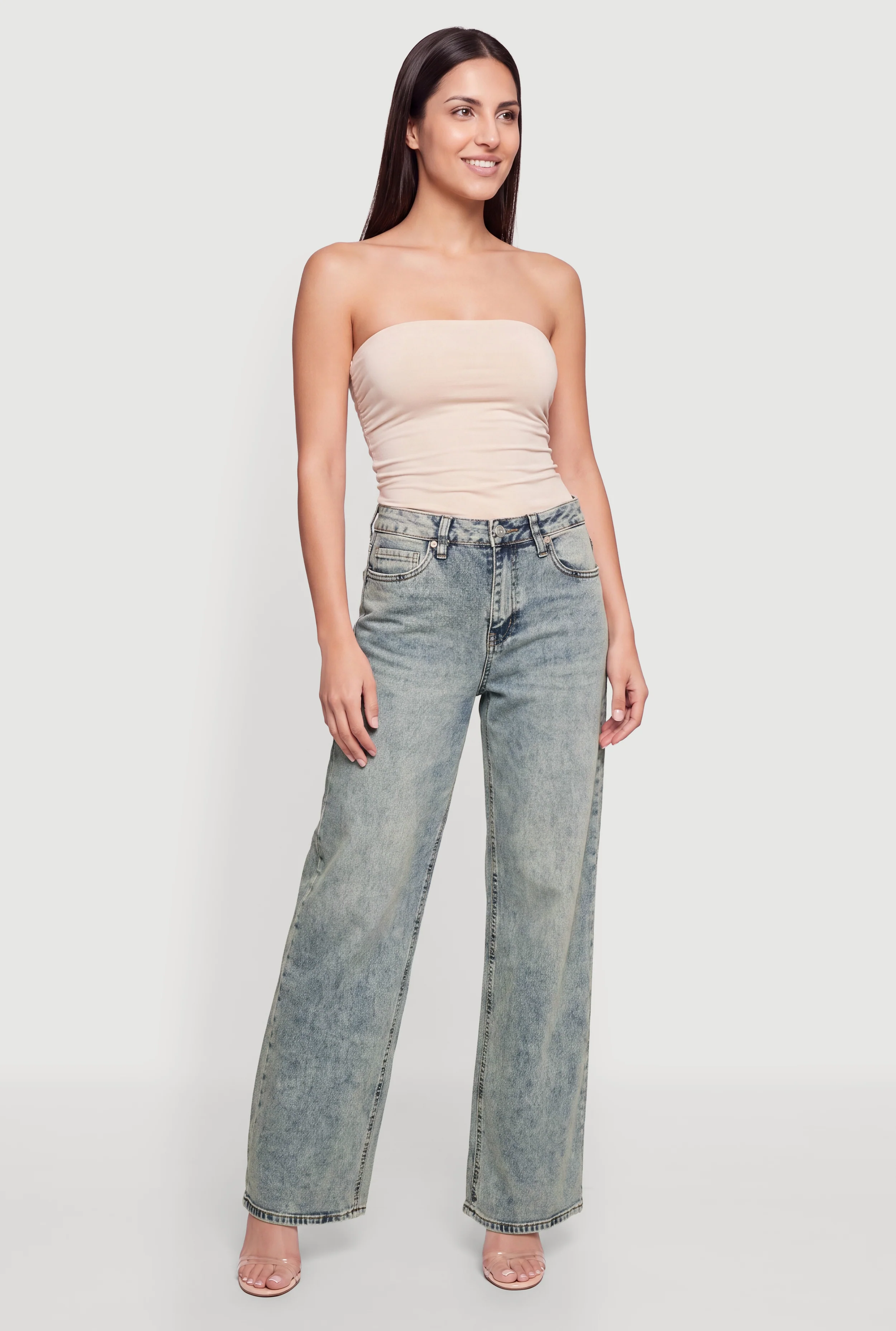 Trendy Mid Rise Acid Wash Whiskered Wide Leg Jeans