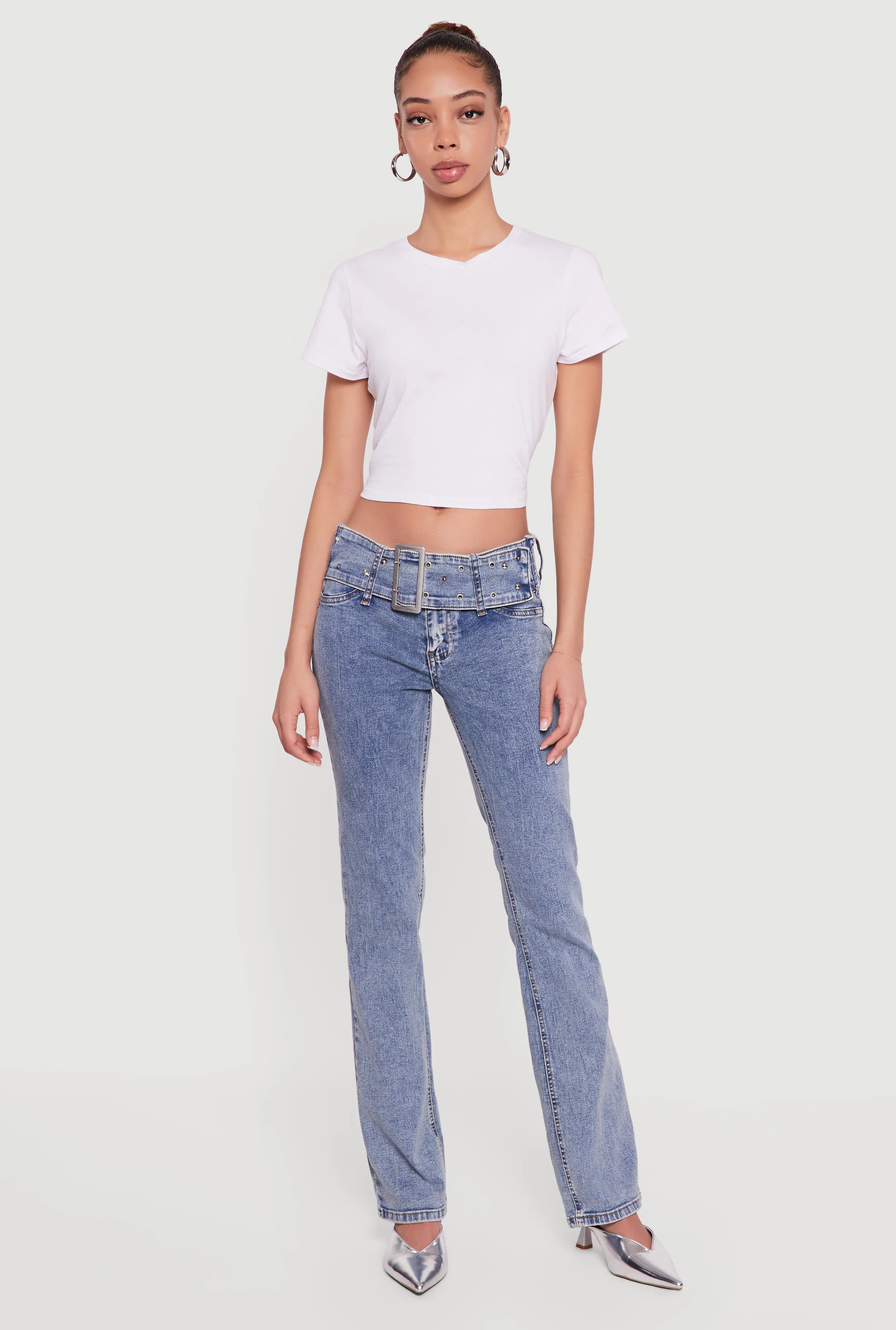 Rhinestone Belted Front Boot Cut Jeans