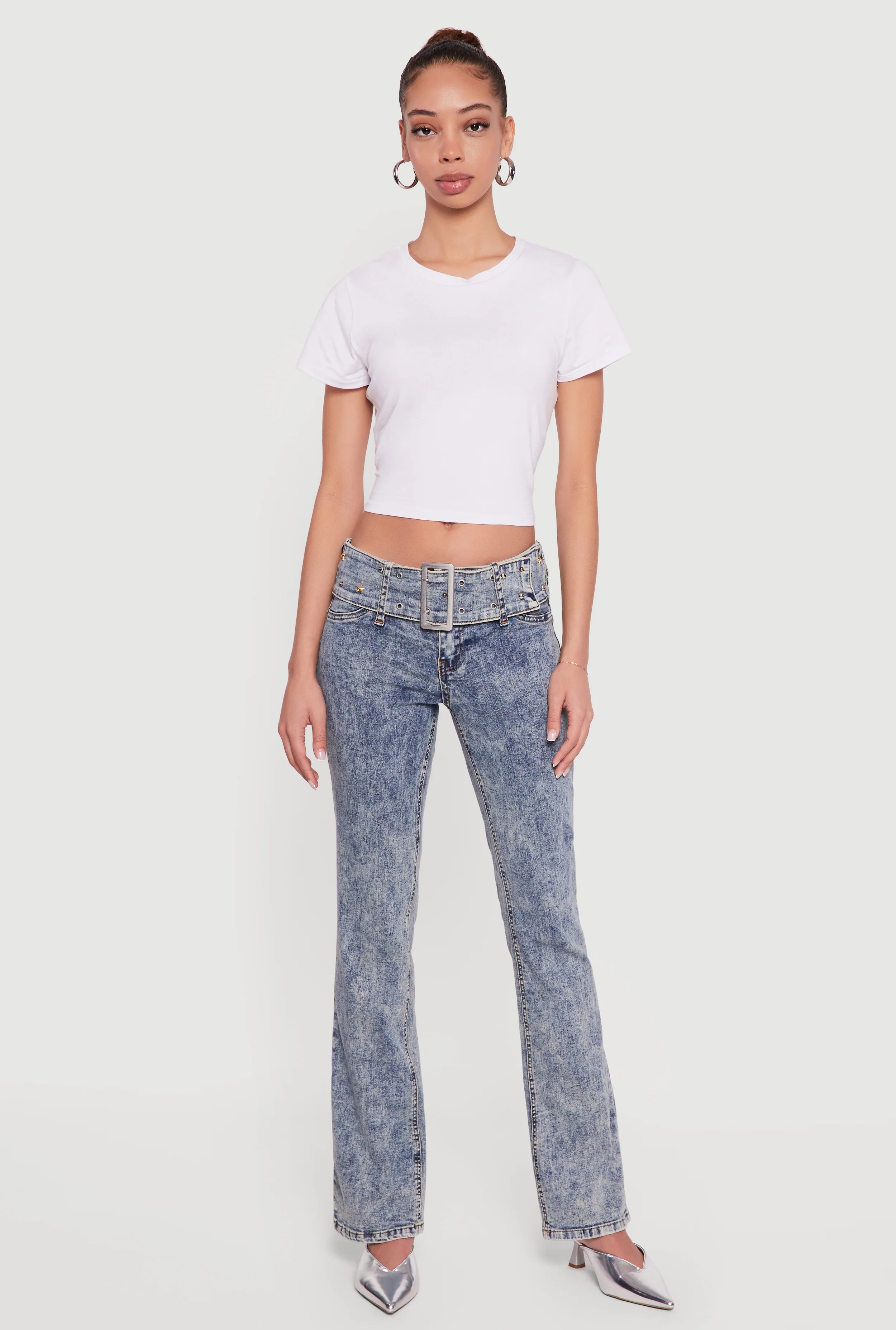 Rhinestone Belted Front Boot Cut Jeans