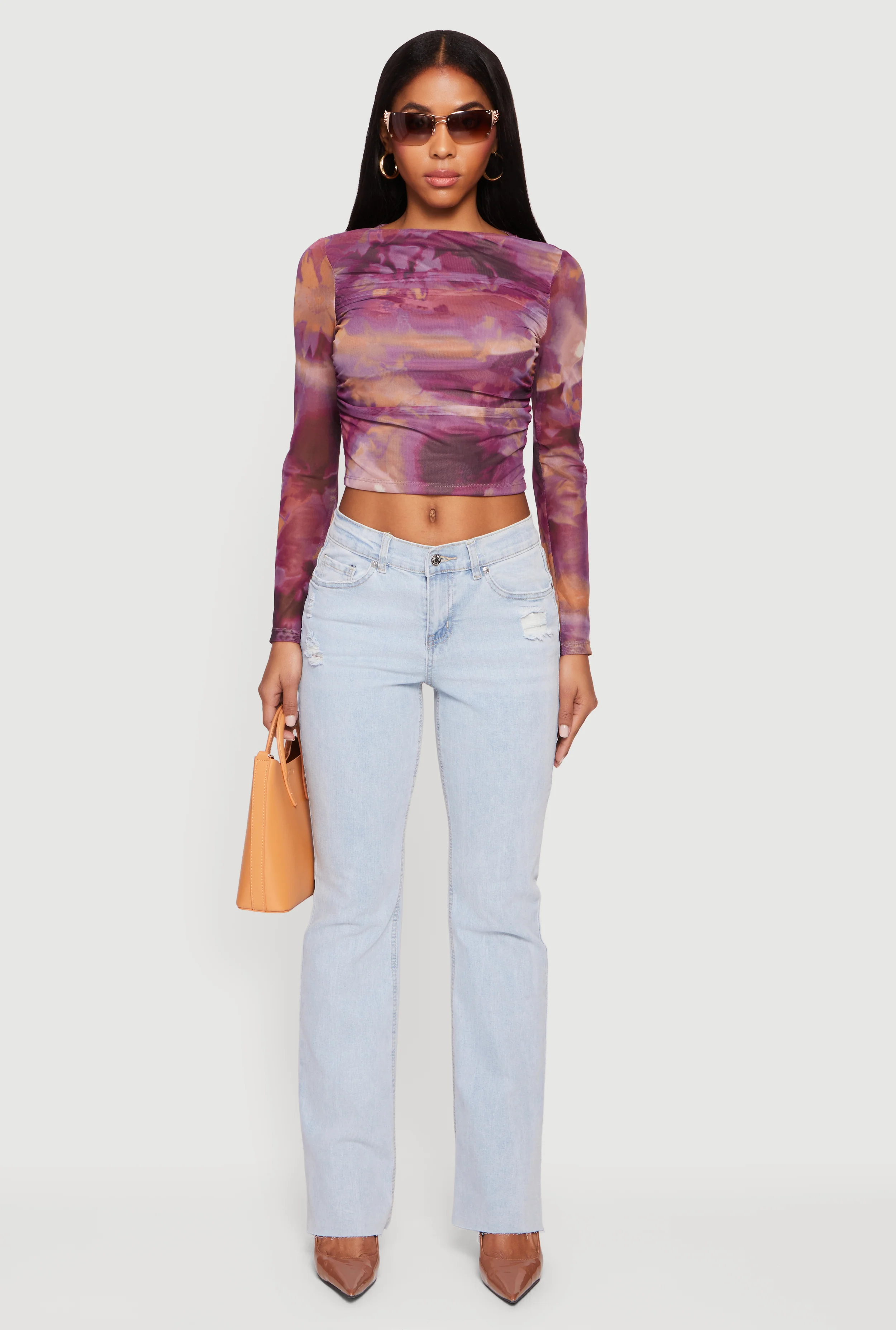 Raw Hem Distressed Bootcut Jeans with Elastic Waist