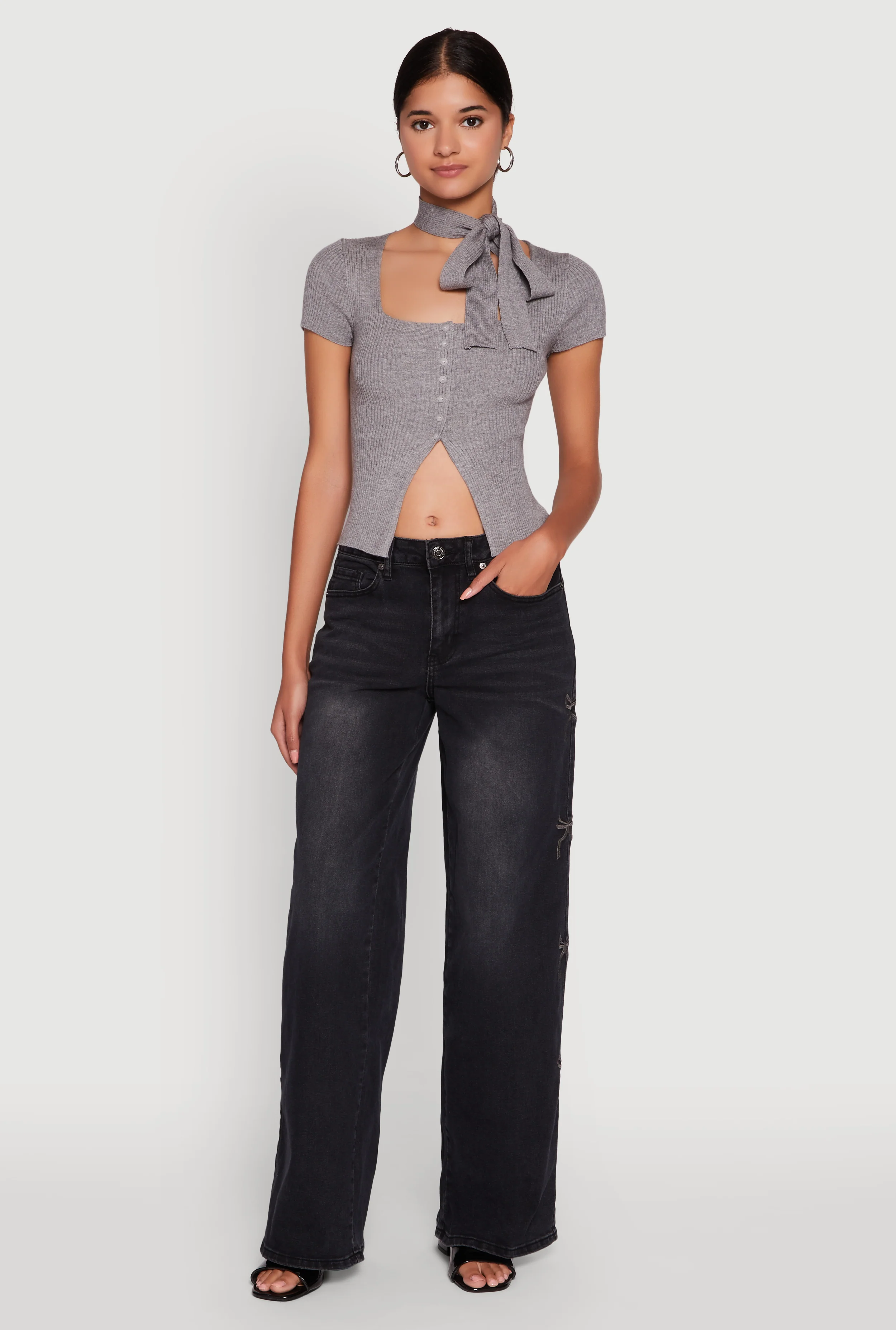 Mineral Wash Embroidered Bow Side Jeans
