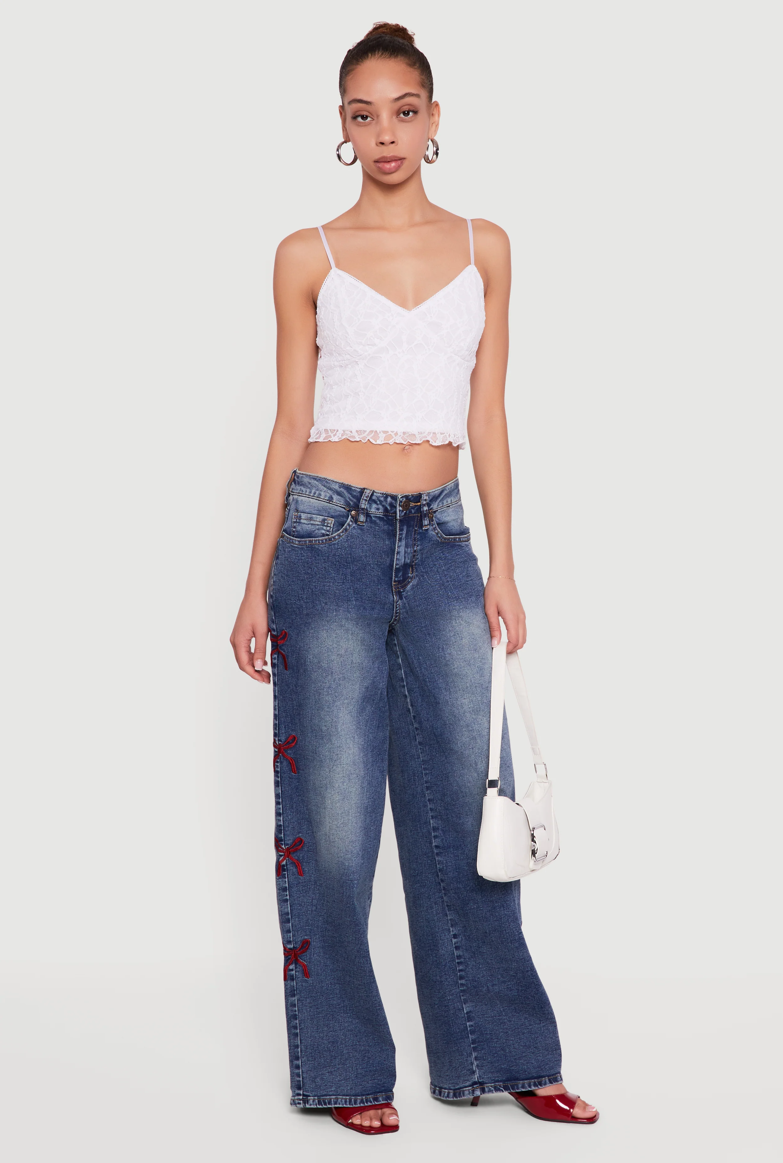 Mineral Wash Embroidered Bow Side Jeans