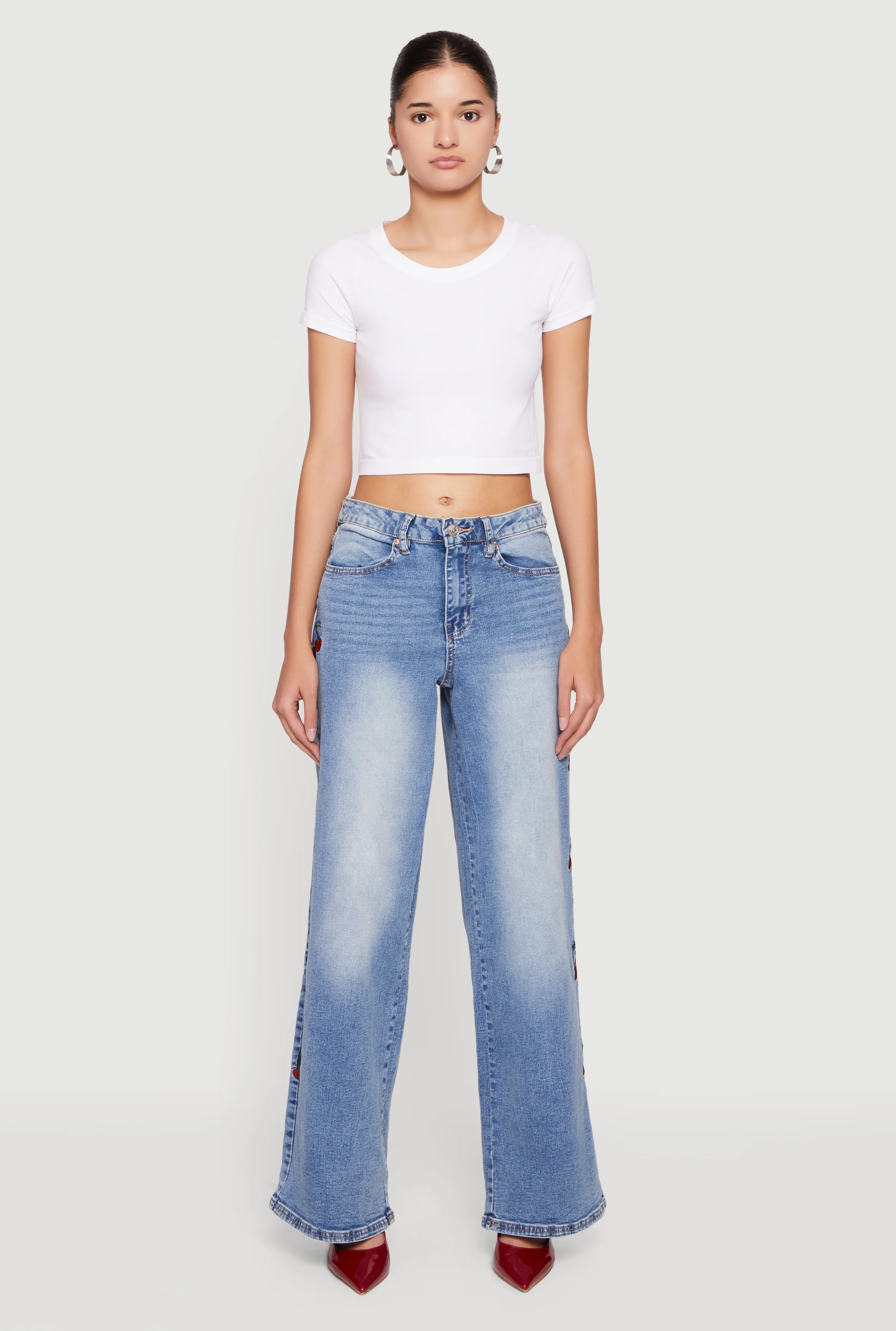 Almost Famous Wide Leg Jeans with Cherry Embroidery