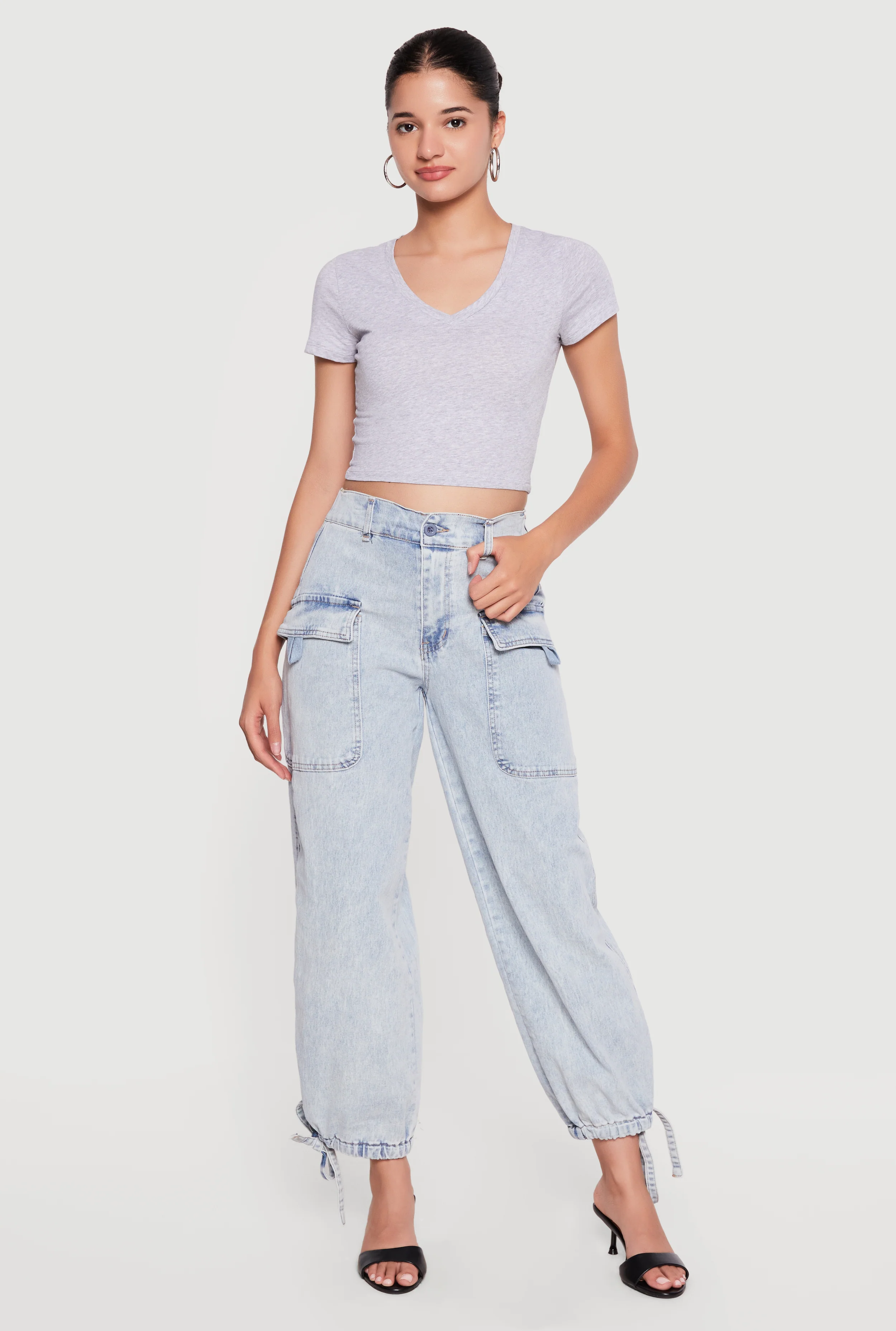High Waisted Drawstring Hem Denim Cargo Joggers
