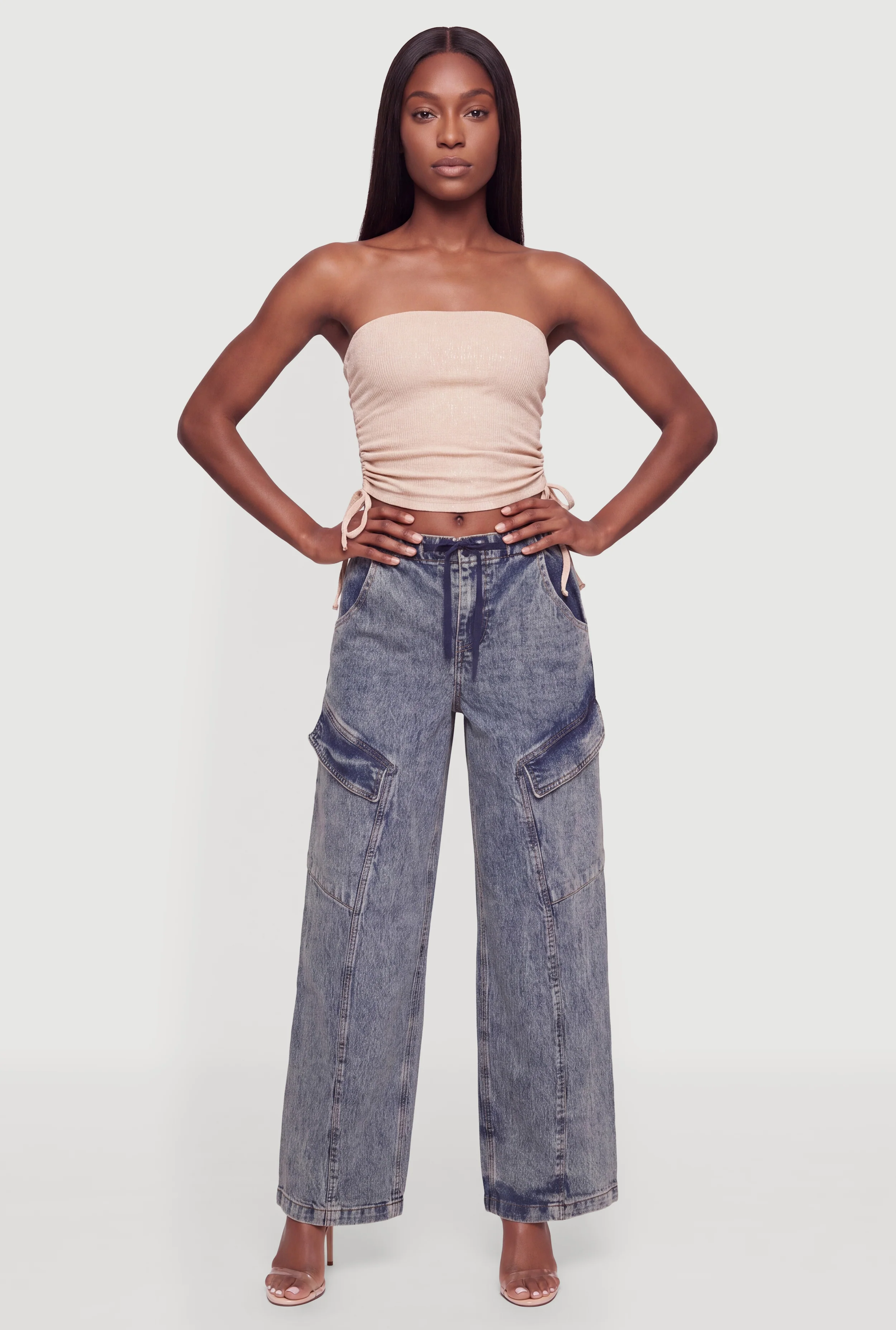 Acid Wash Wide Leg Drawstring Waist Cargo Jeans