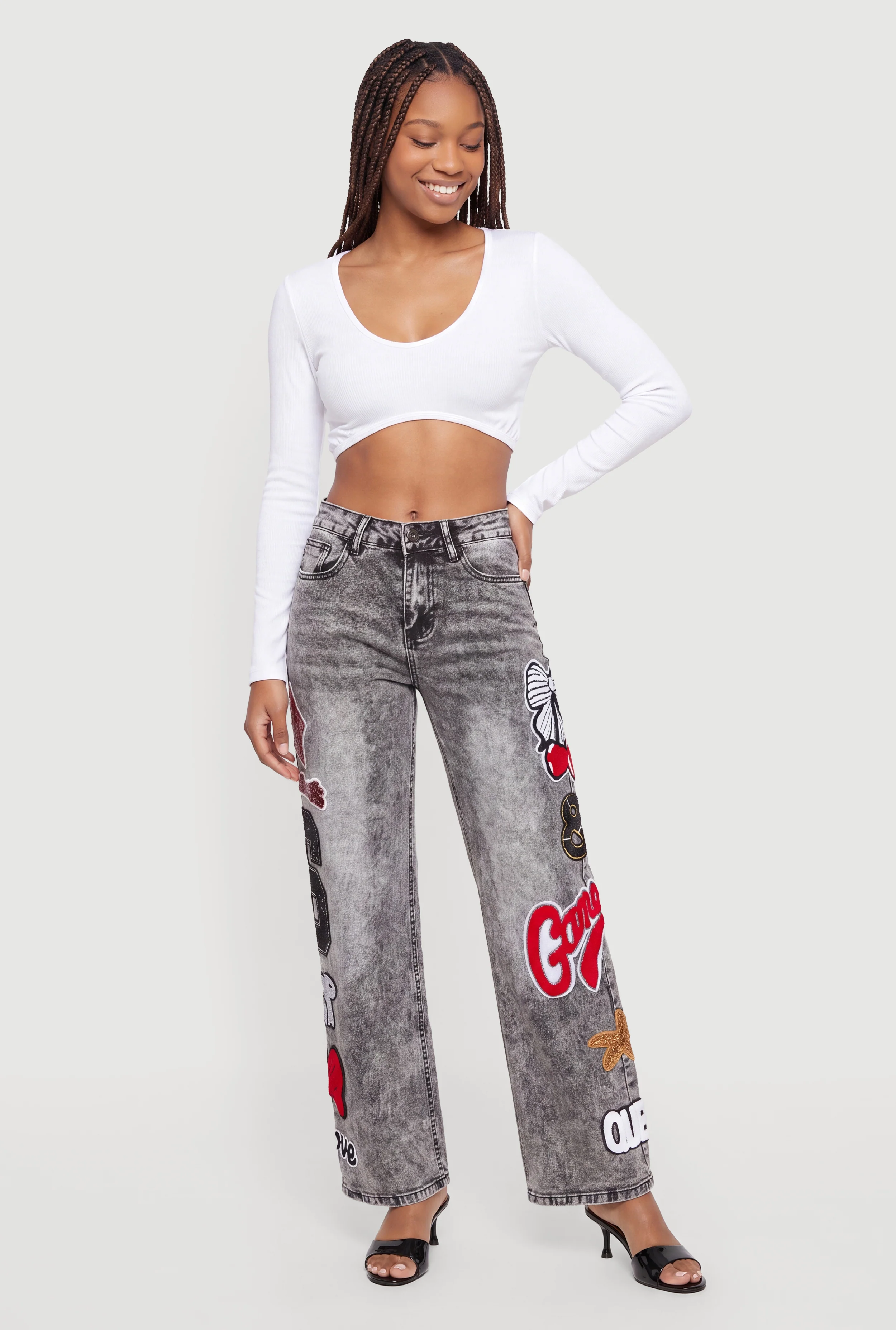 Graphic Patch Acid Wash Jeans