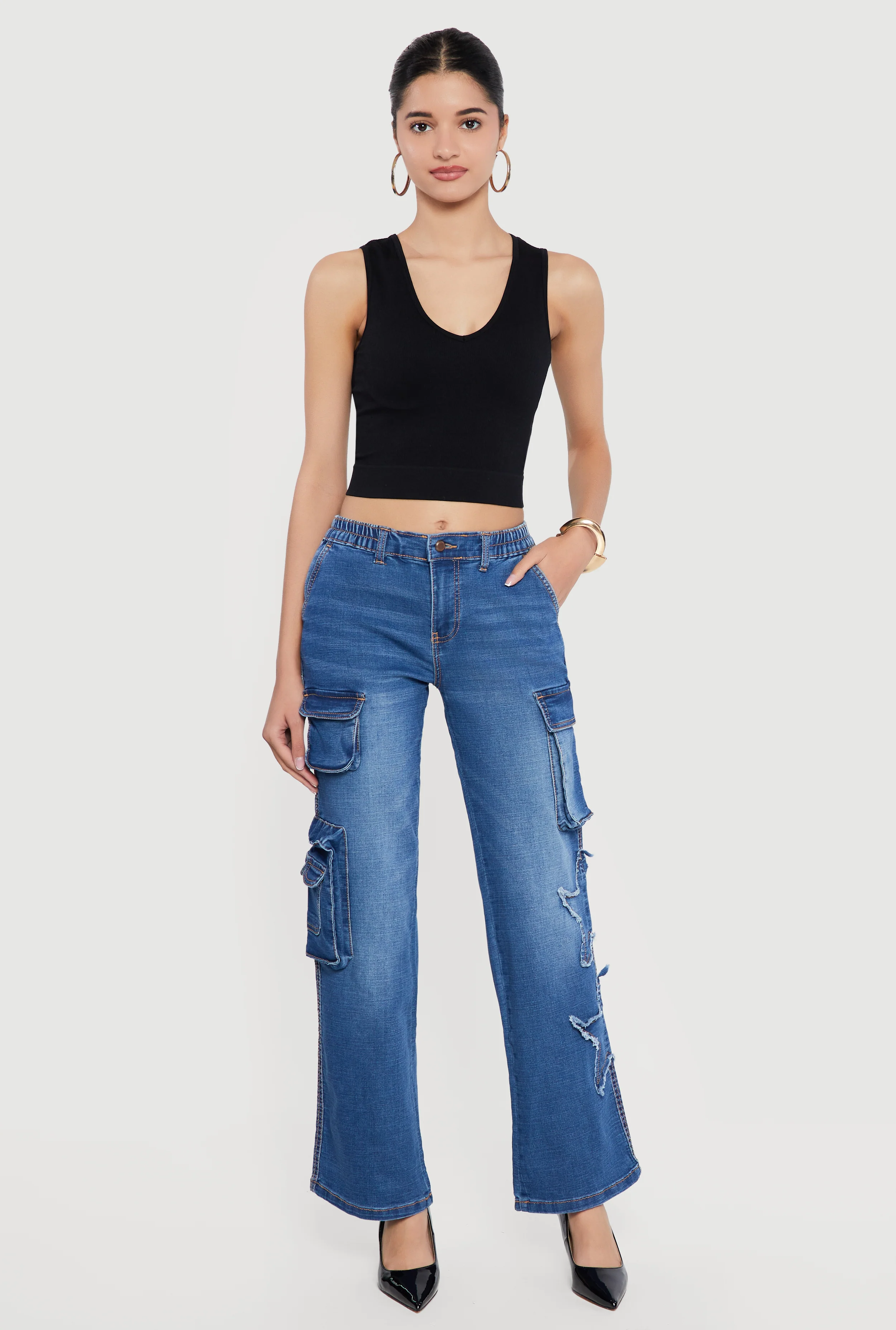 Star Applique Acid Wash Straight Leg Cargo Jeans