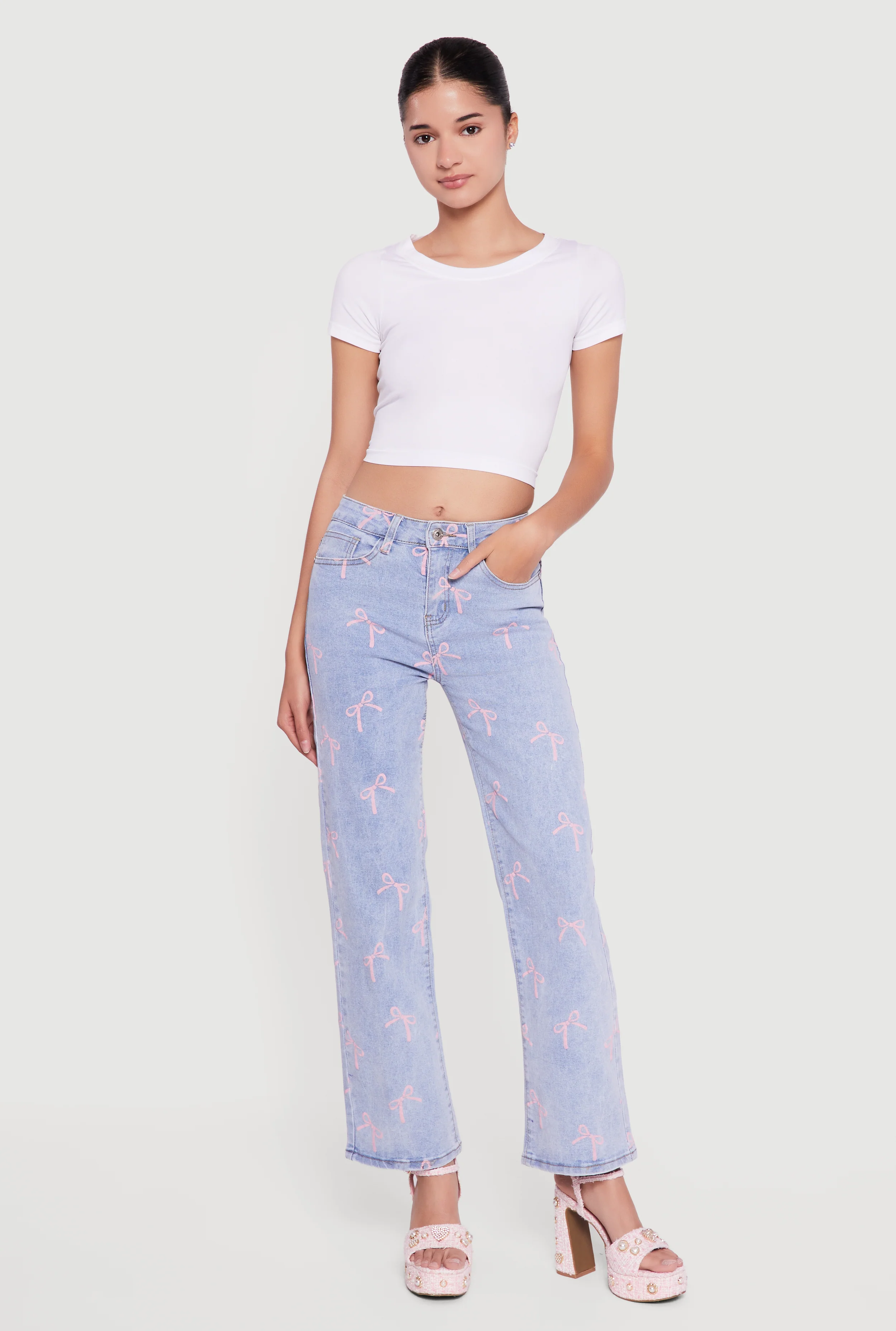 Mid Rise Straight Leg Bow Print Jeans
