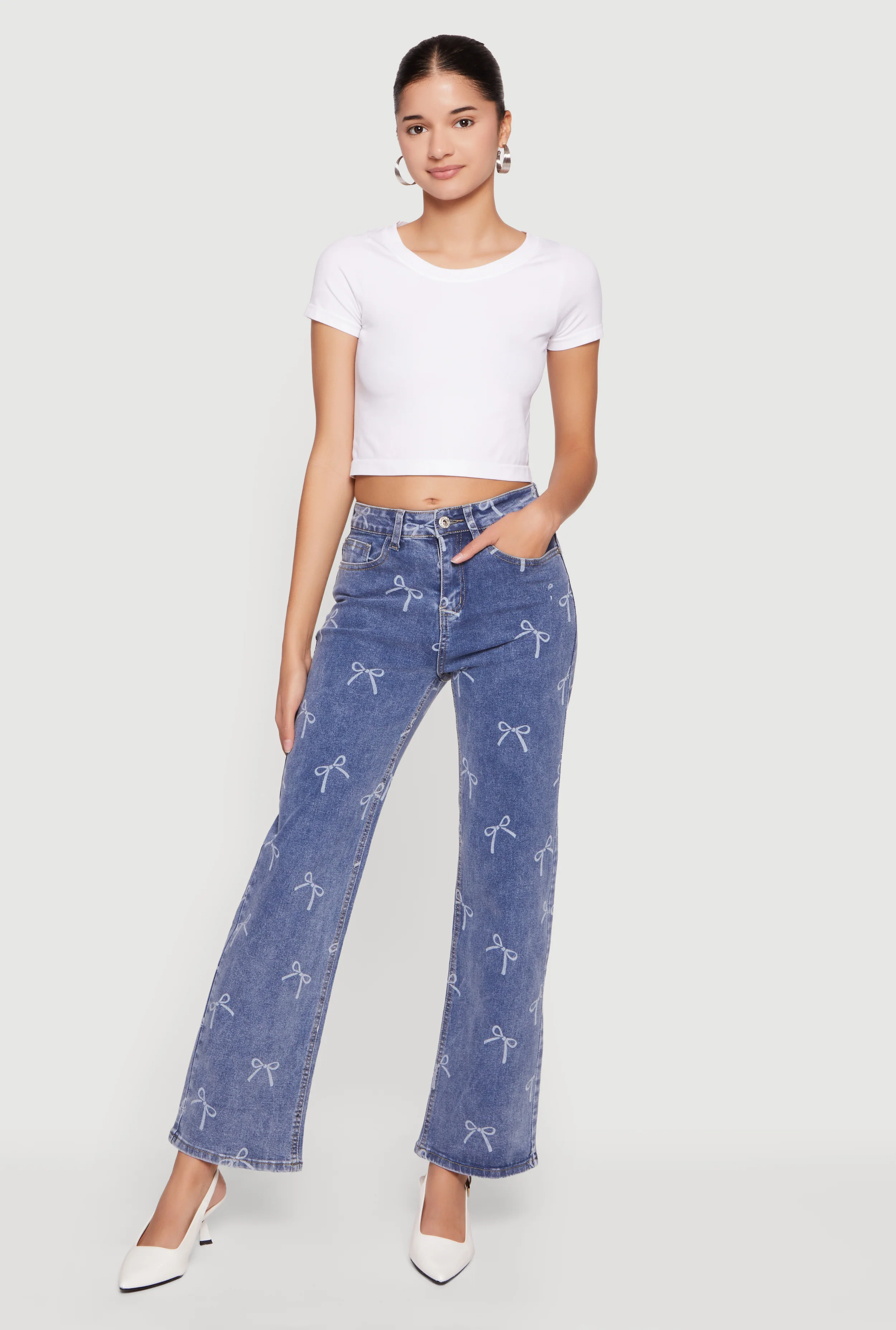 Mid Rise Straight Leg Bow Print Jeans