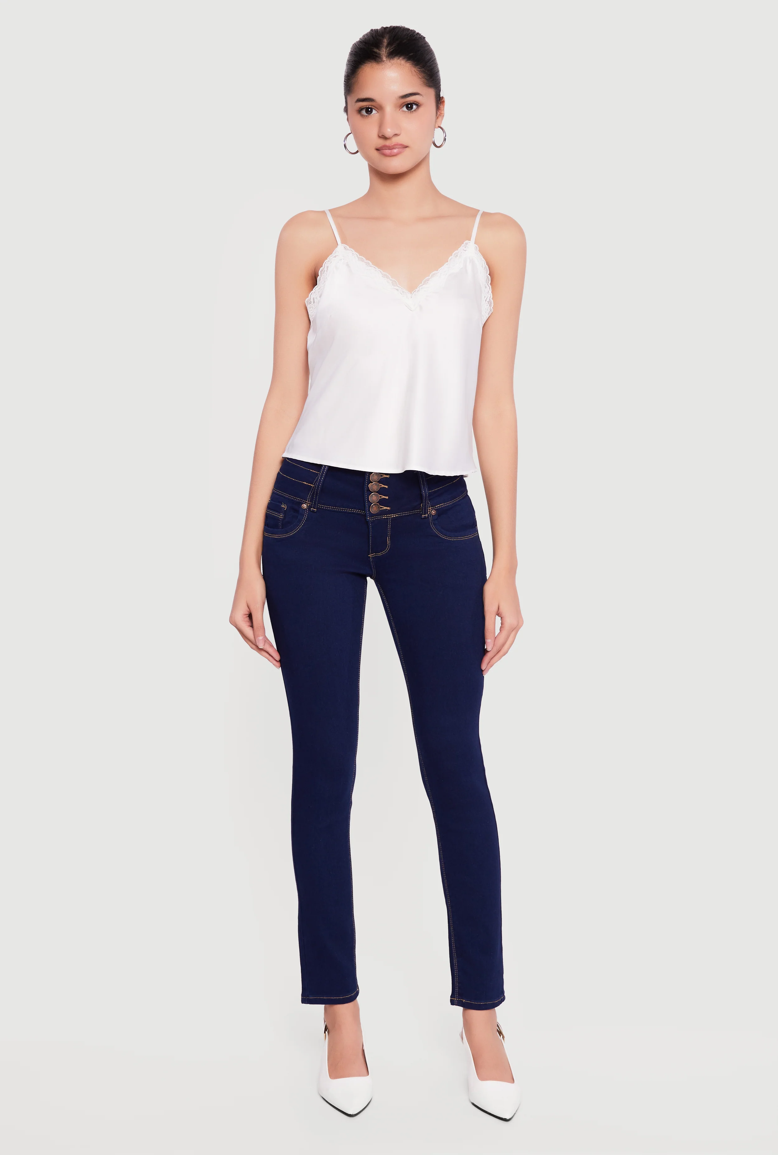 Mid Rise 4 Button Skinny Jeans