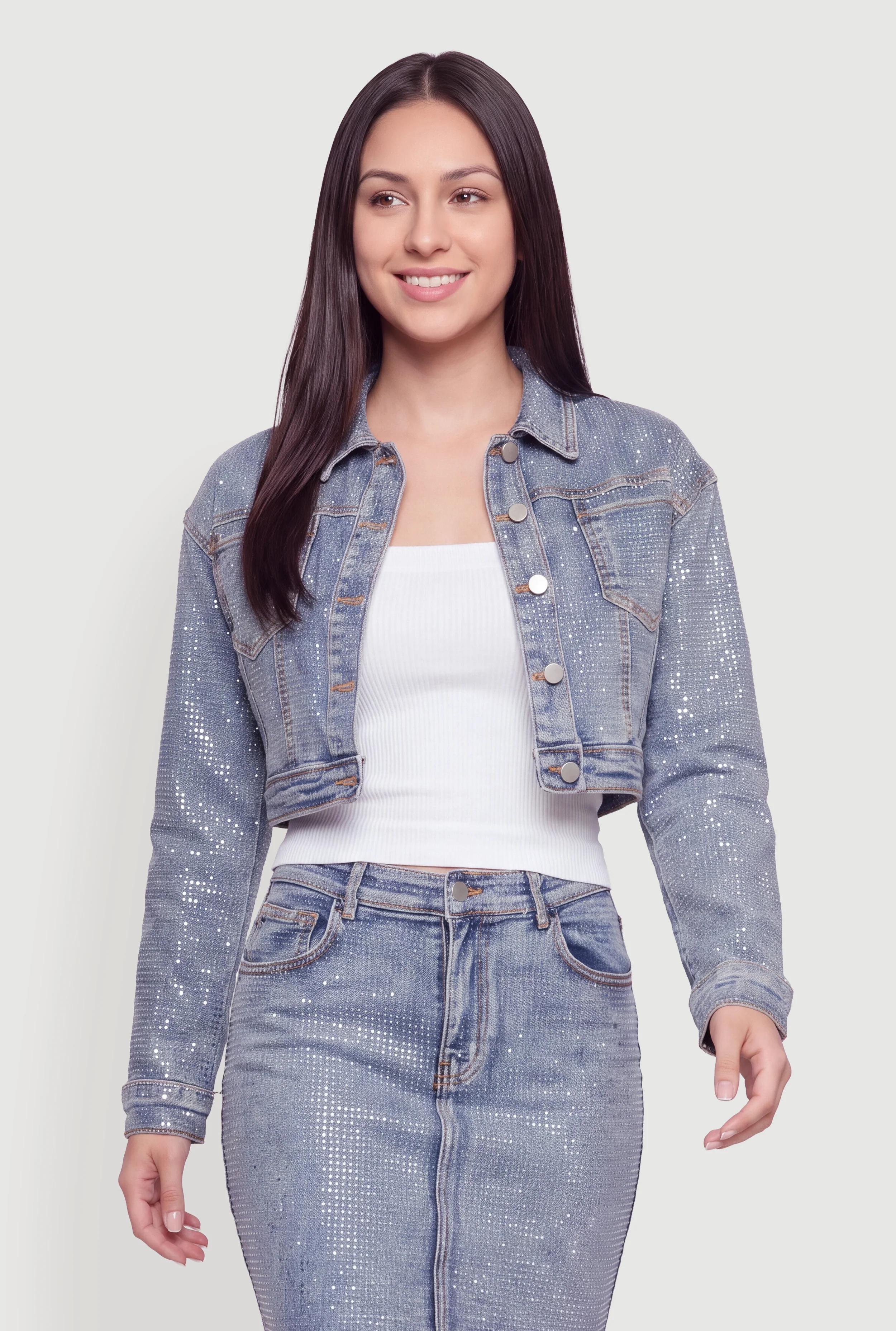 Rhinestone Cropped Denim Jacket