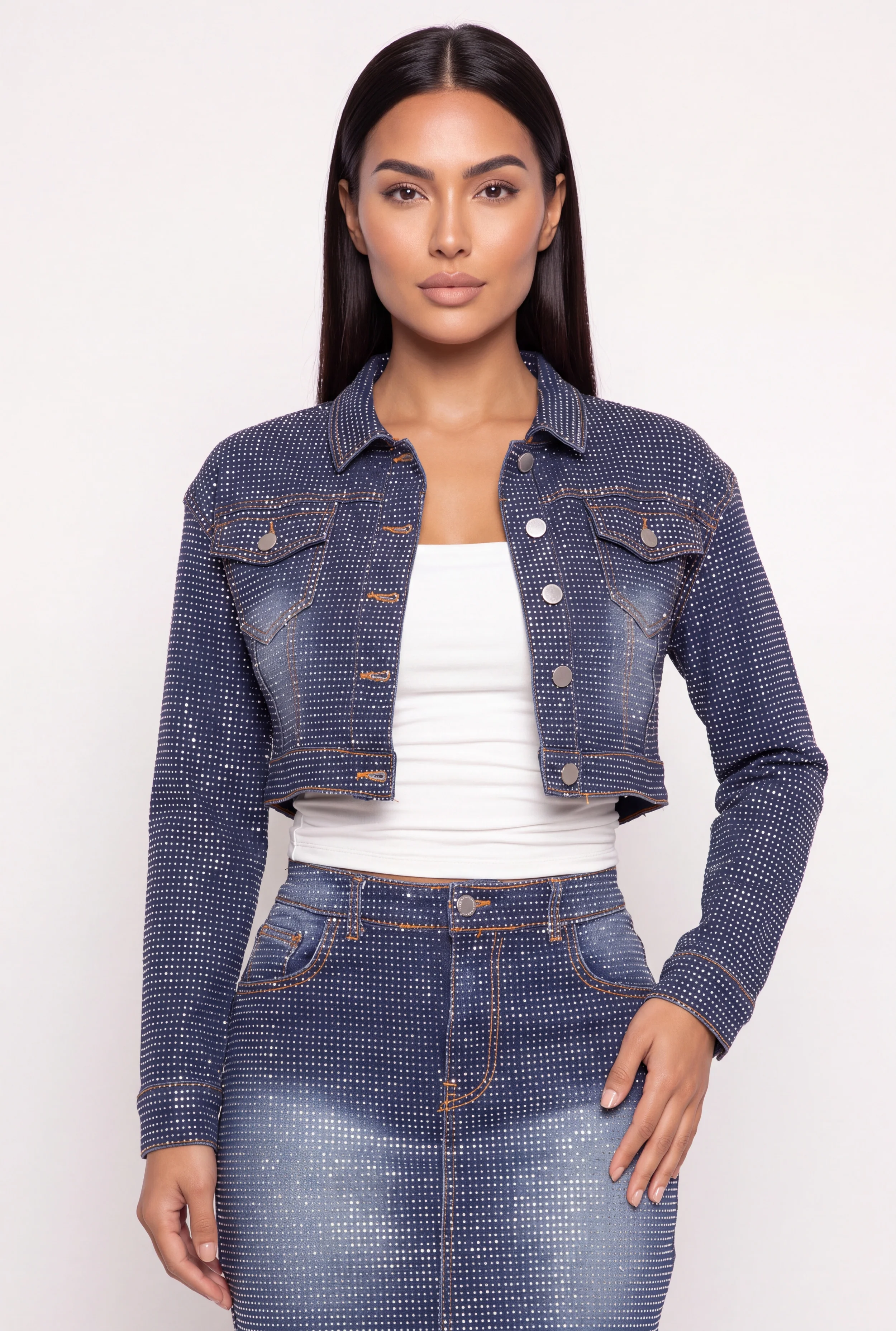Rhinestone Cropped Denim Jacket