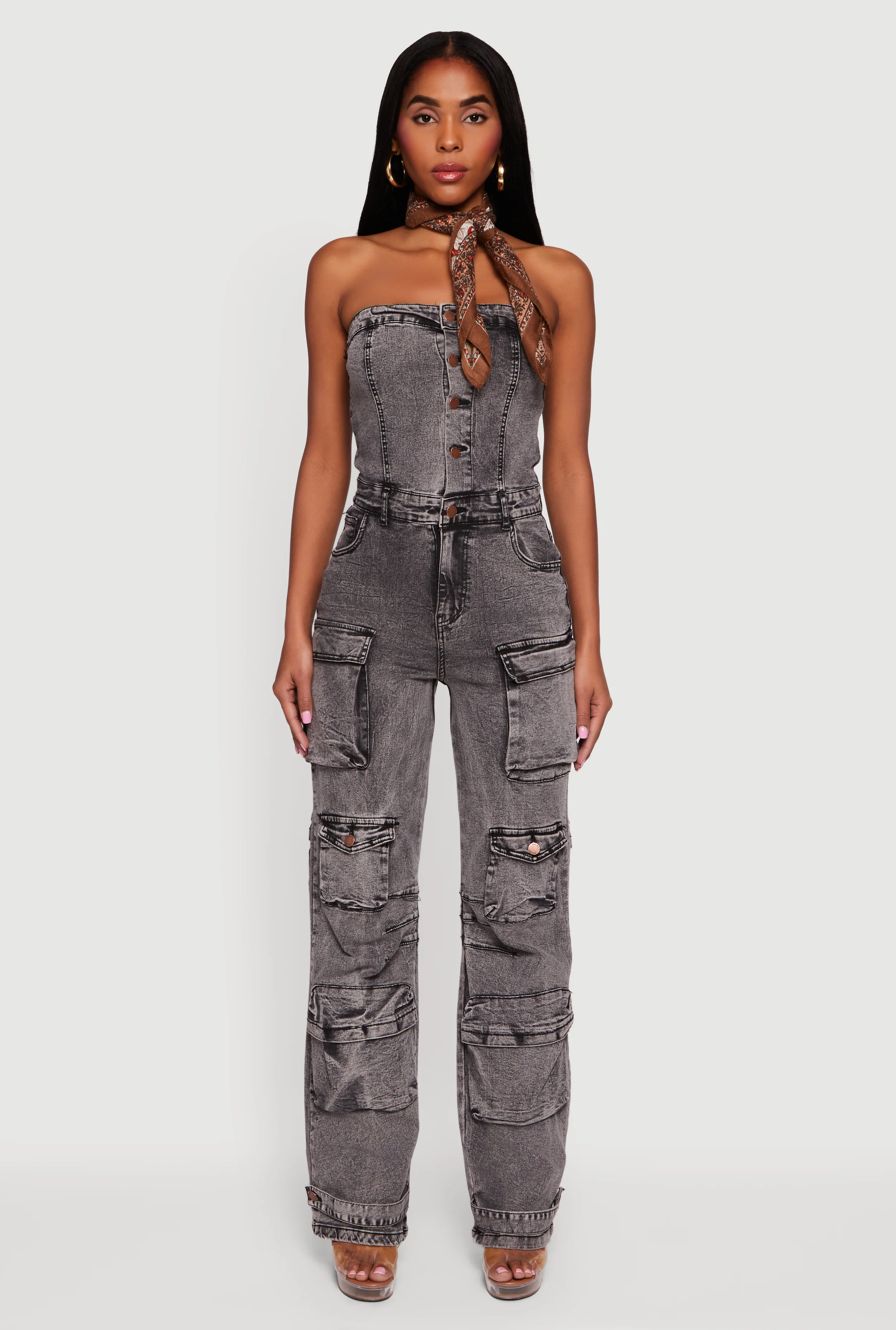 Acid Wash Strapless Button Front Utility Jumpsuit