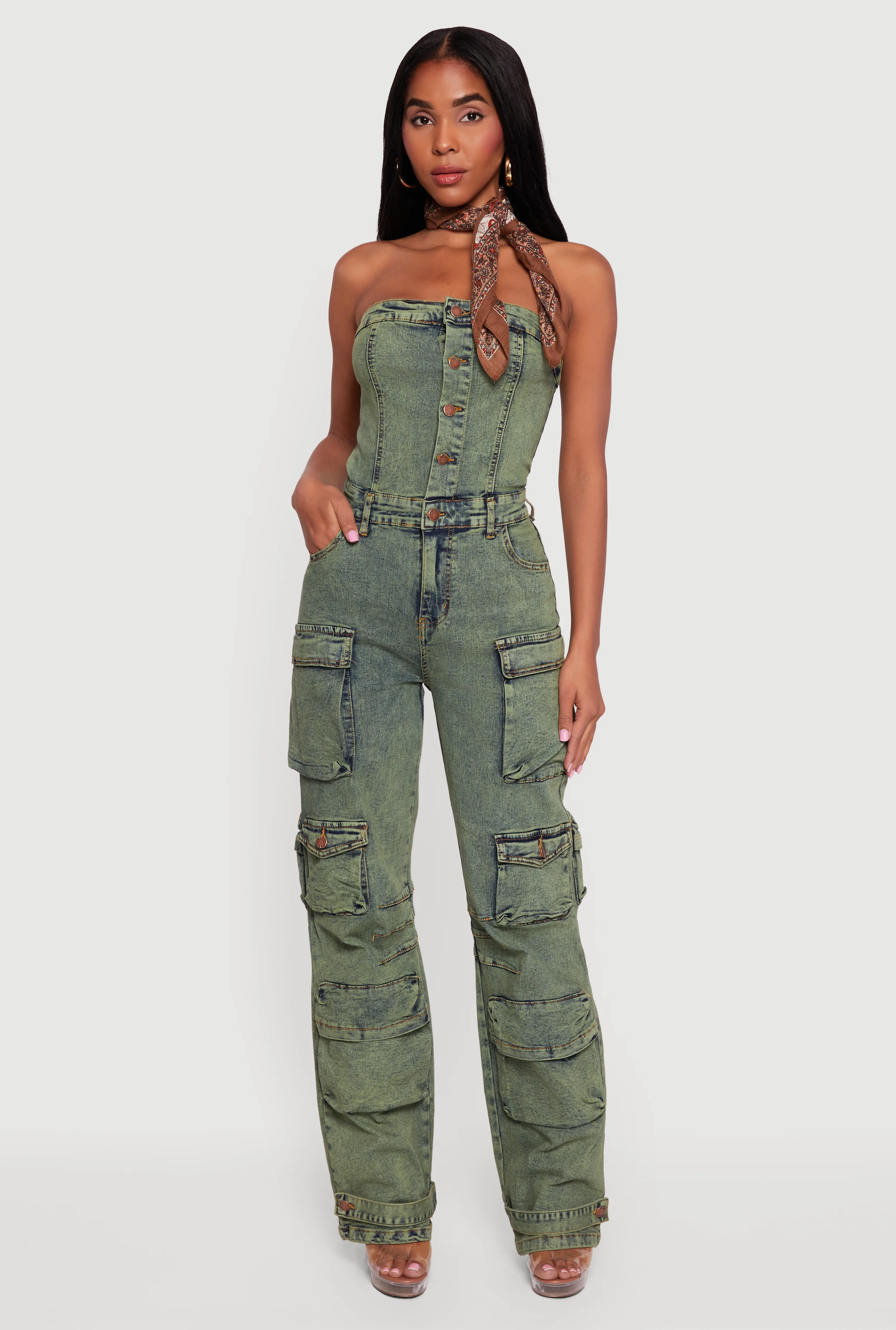 Acid Wash Strapless Button Front Utility Jumpsuit