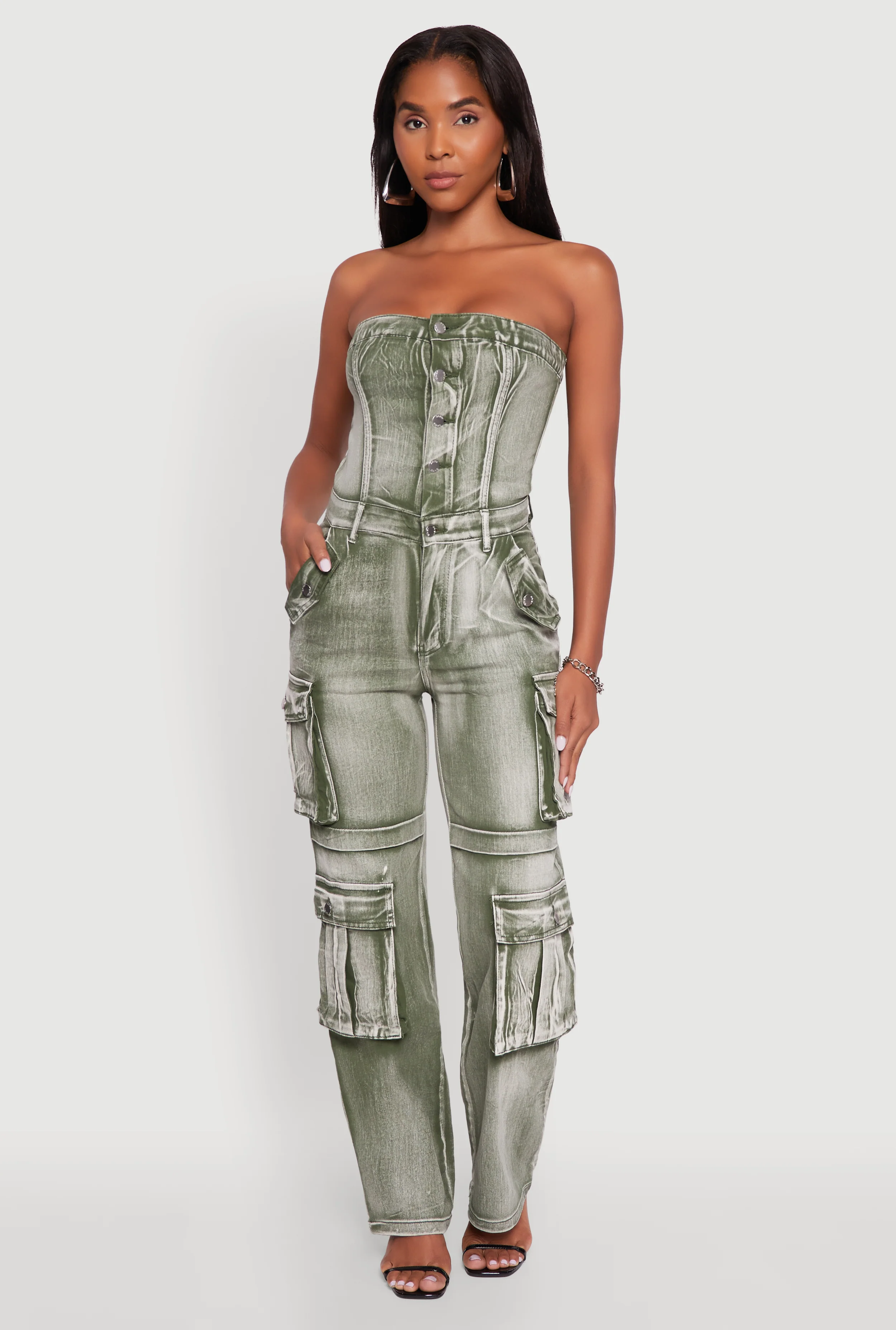 Acid Wash Denim Jumpsuit with Cargo Pockets