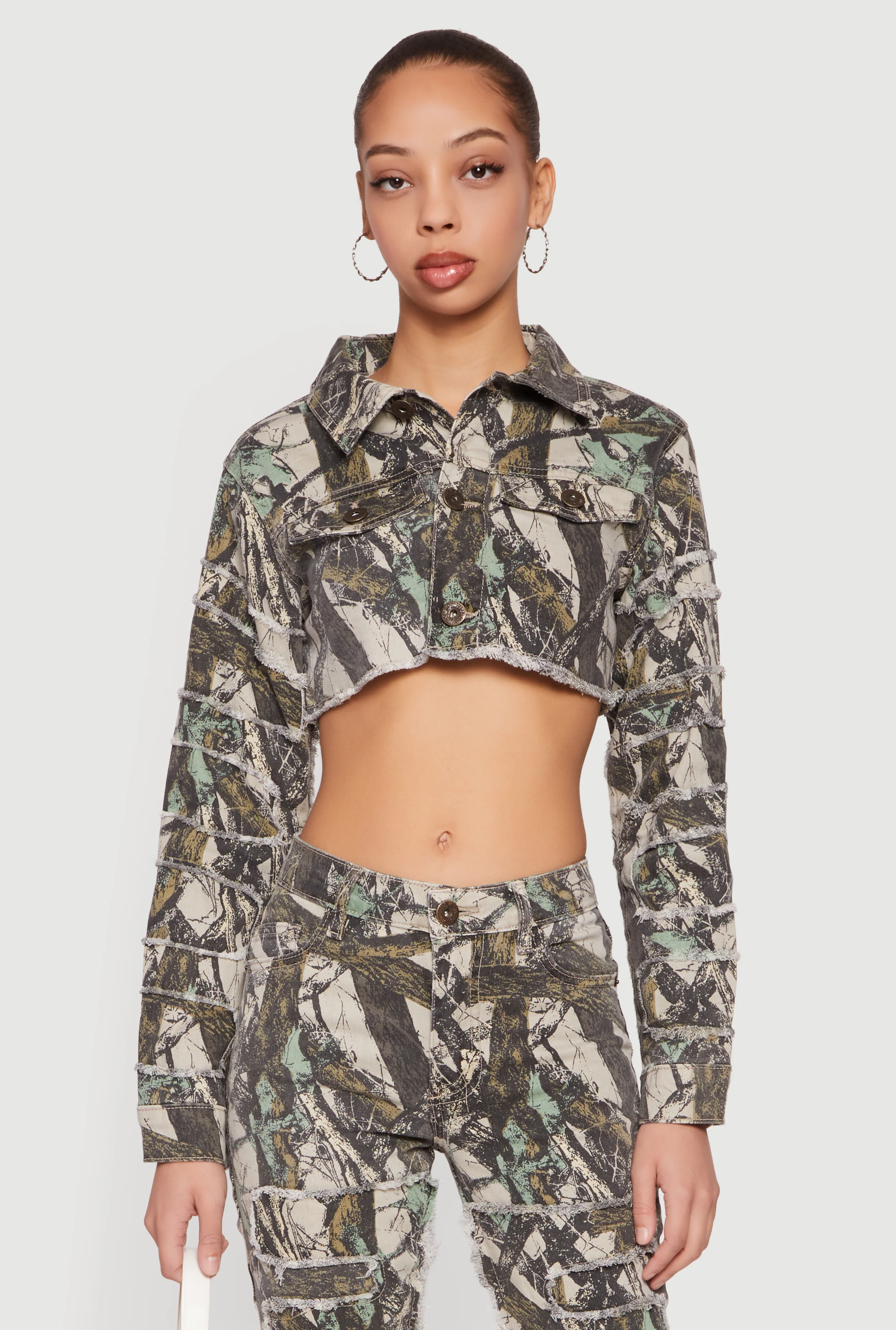 Tree Camo Denim Cropped Frayed Hem Jacket