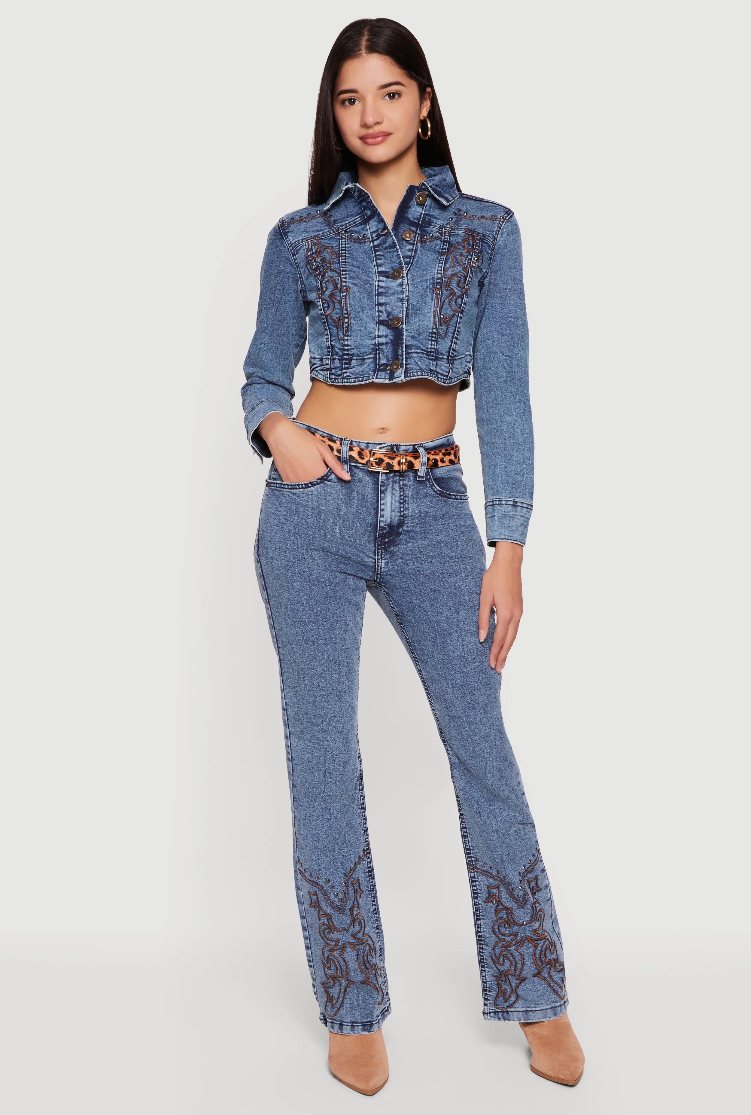 Studded Embroidered Straight Leg Jeans
