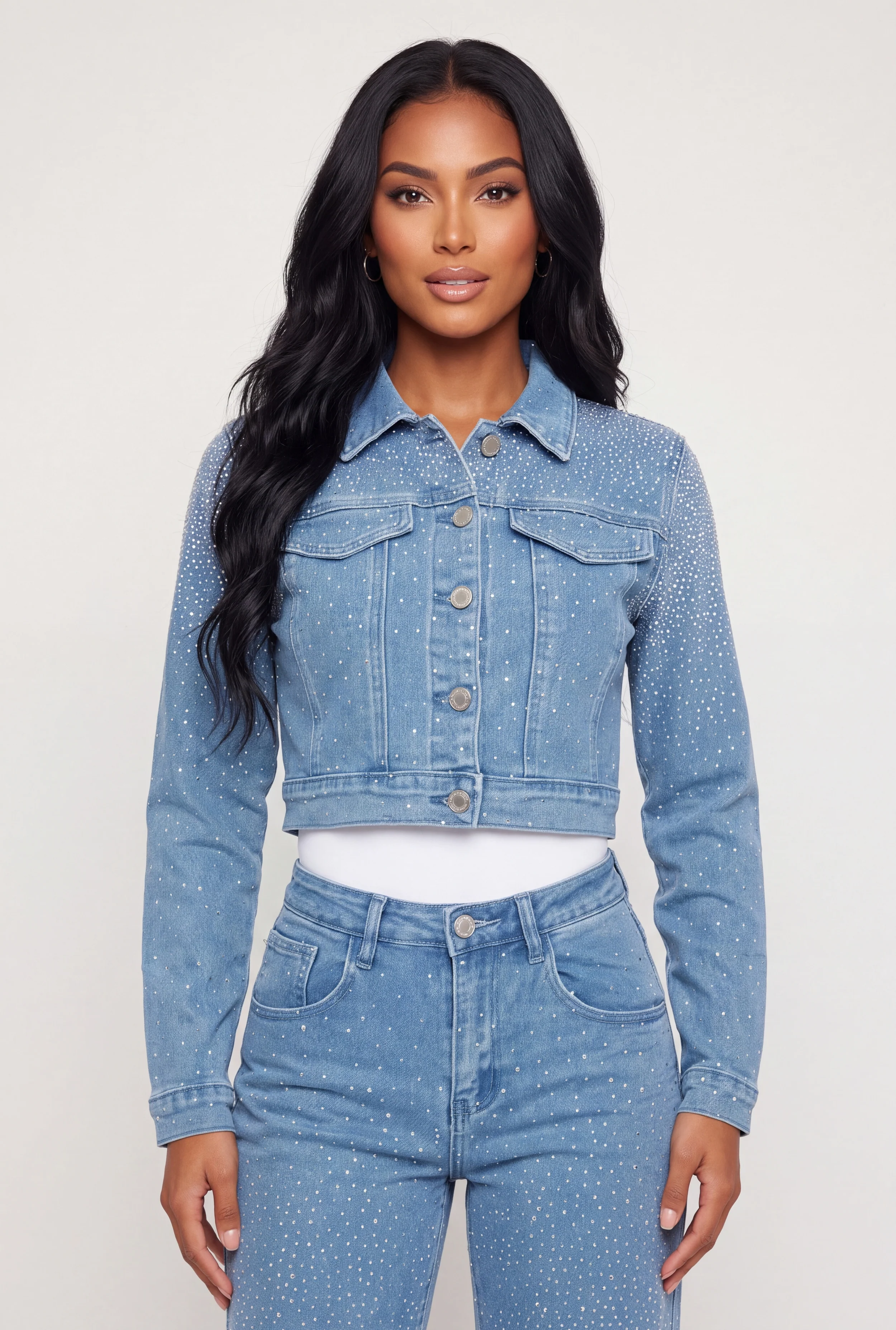 Rhinestones Cropped Denim Jacket