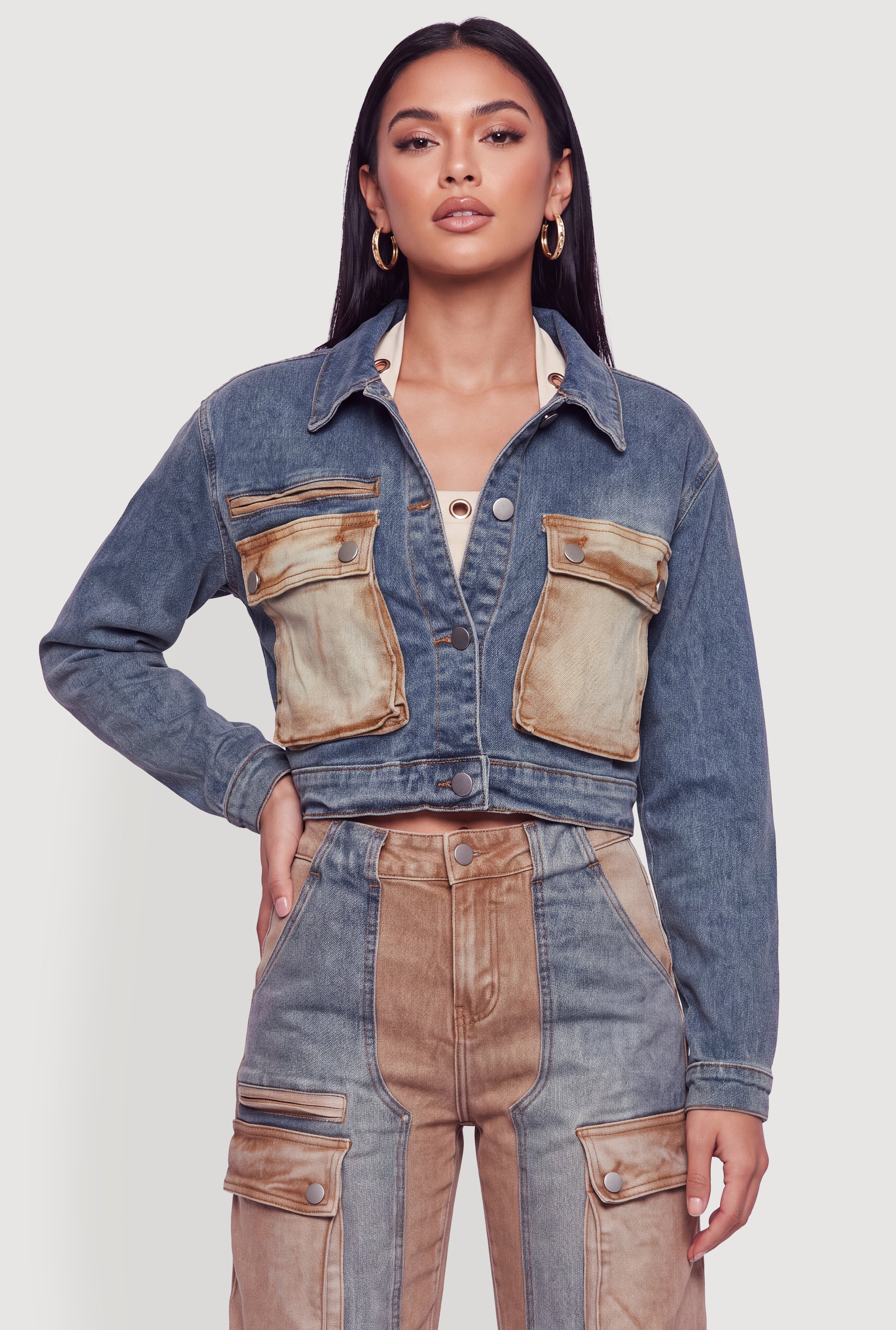 Acid Wash Color Blocked Cargo Pocket Jean Jacket