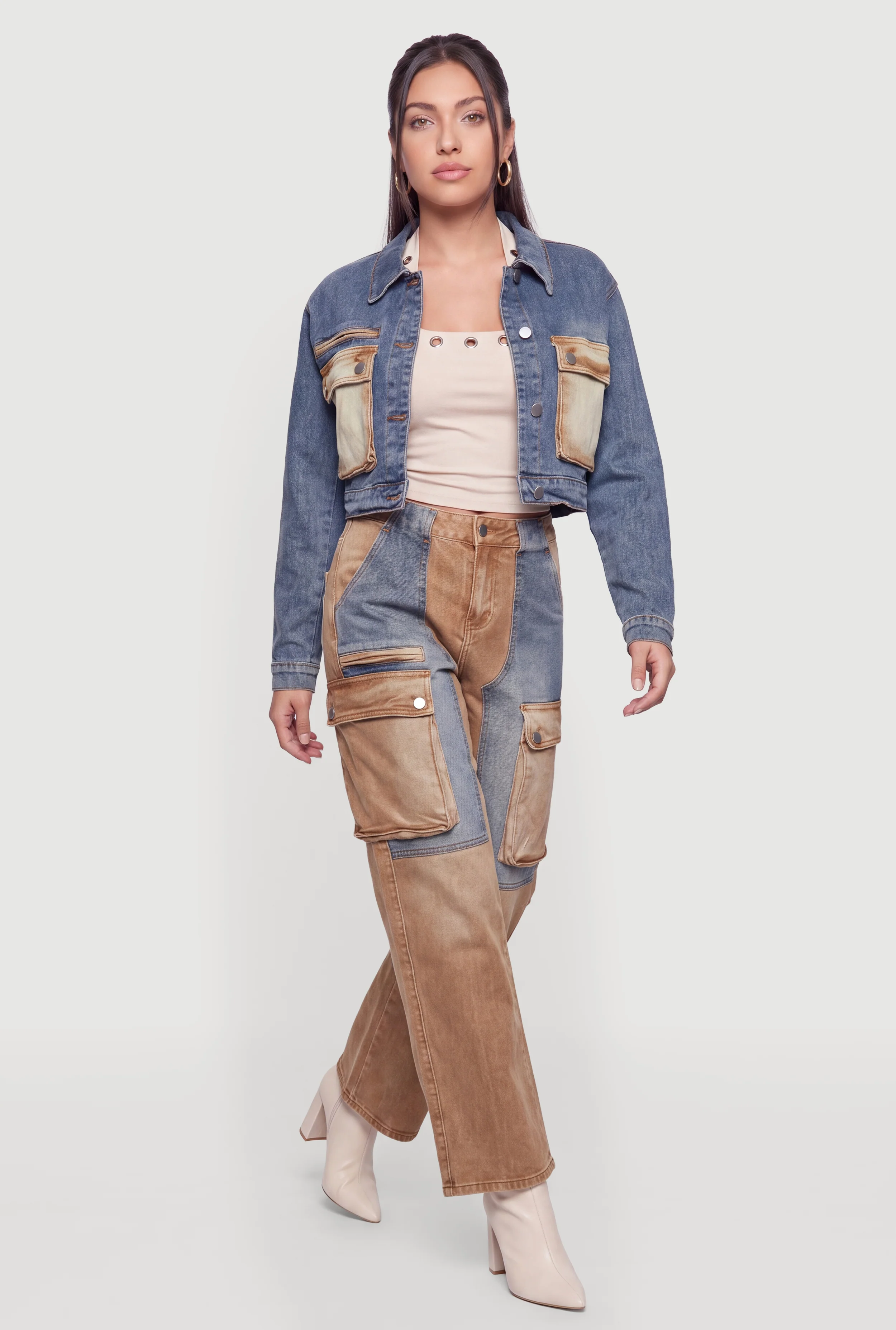 Color Blocked Acid Wash Cargo Pocket Jeans