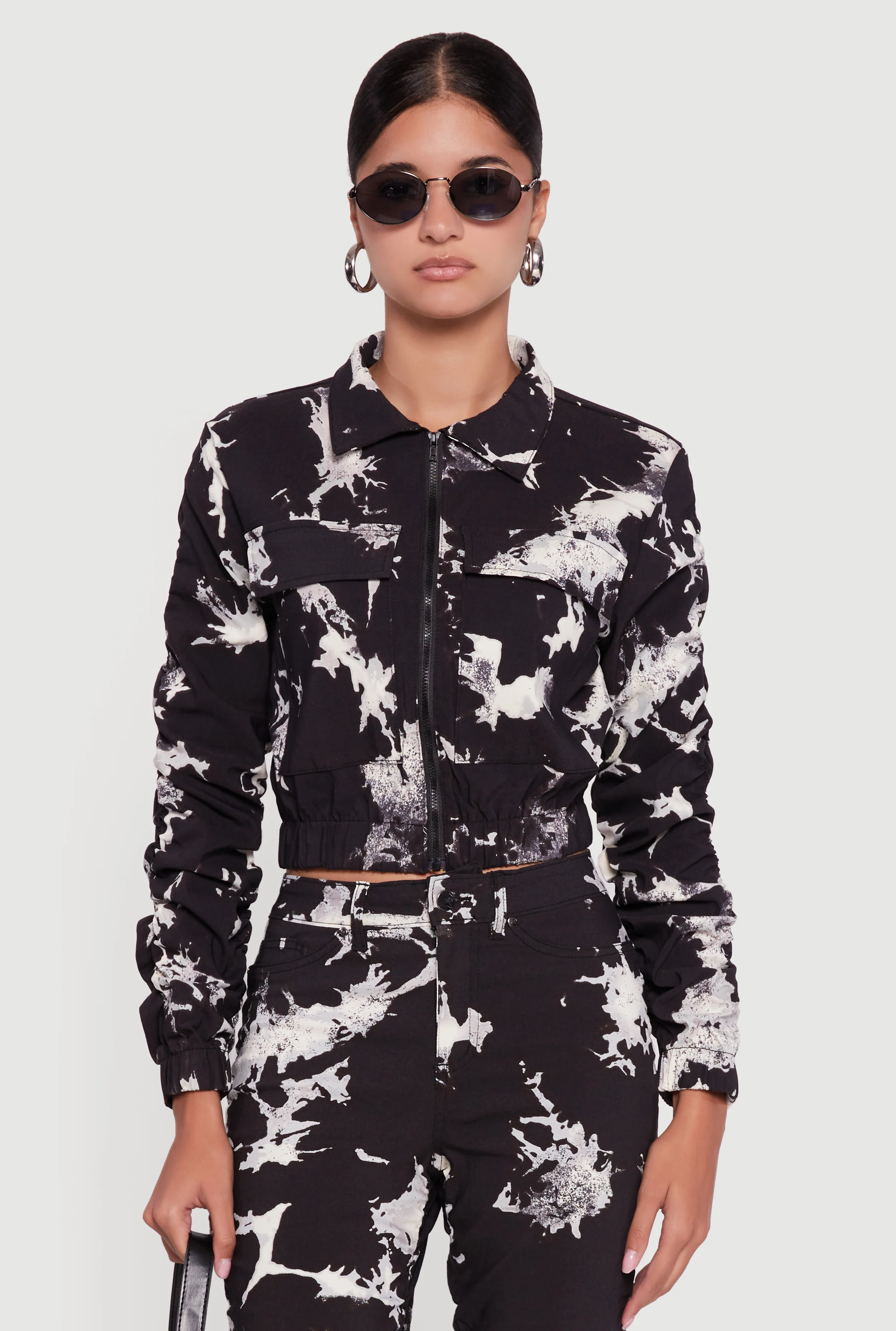 Zip Front Printed Pattern Ruched Sleeve Jacket