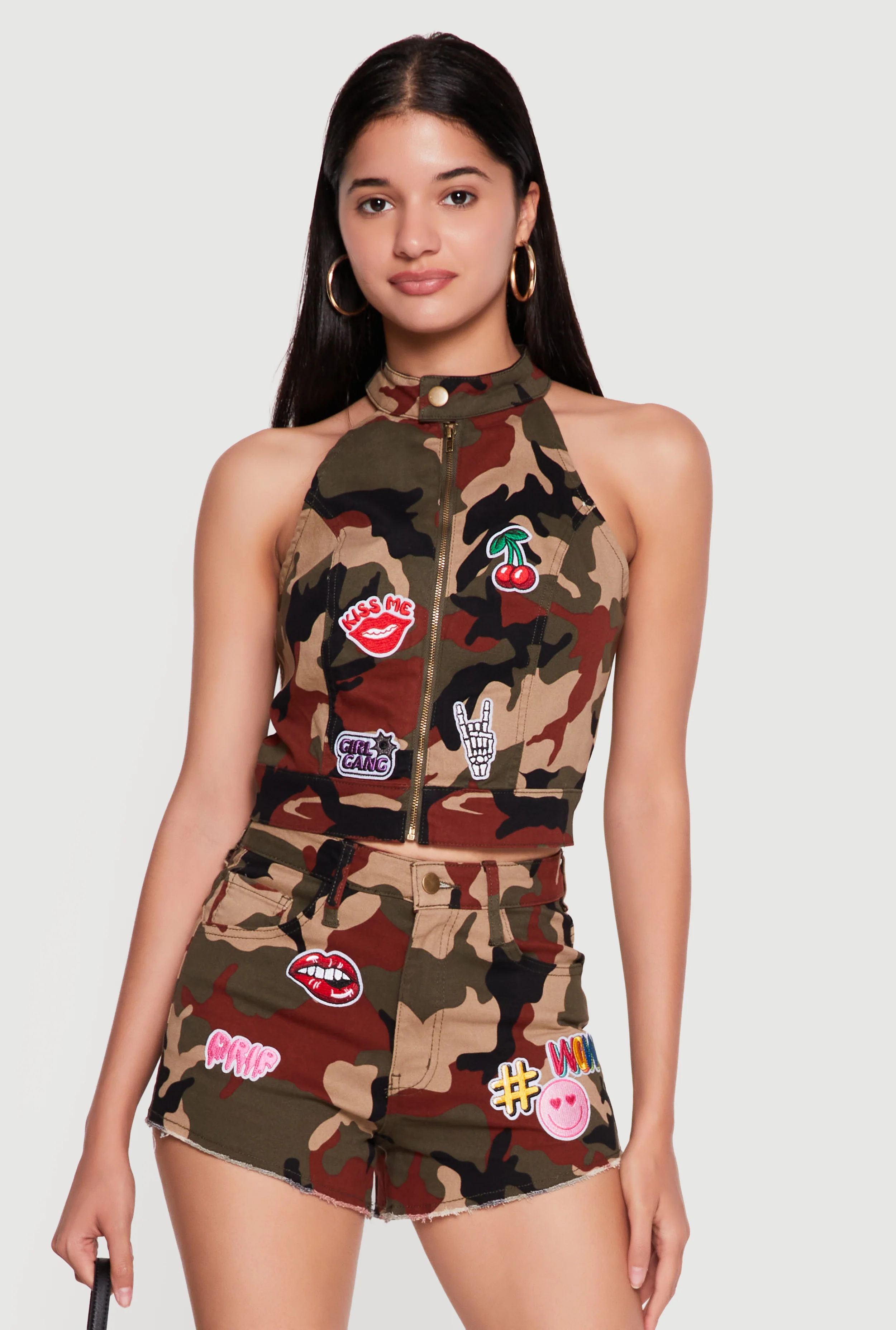 Graphic Patch Zip Front Camo Top