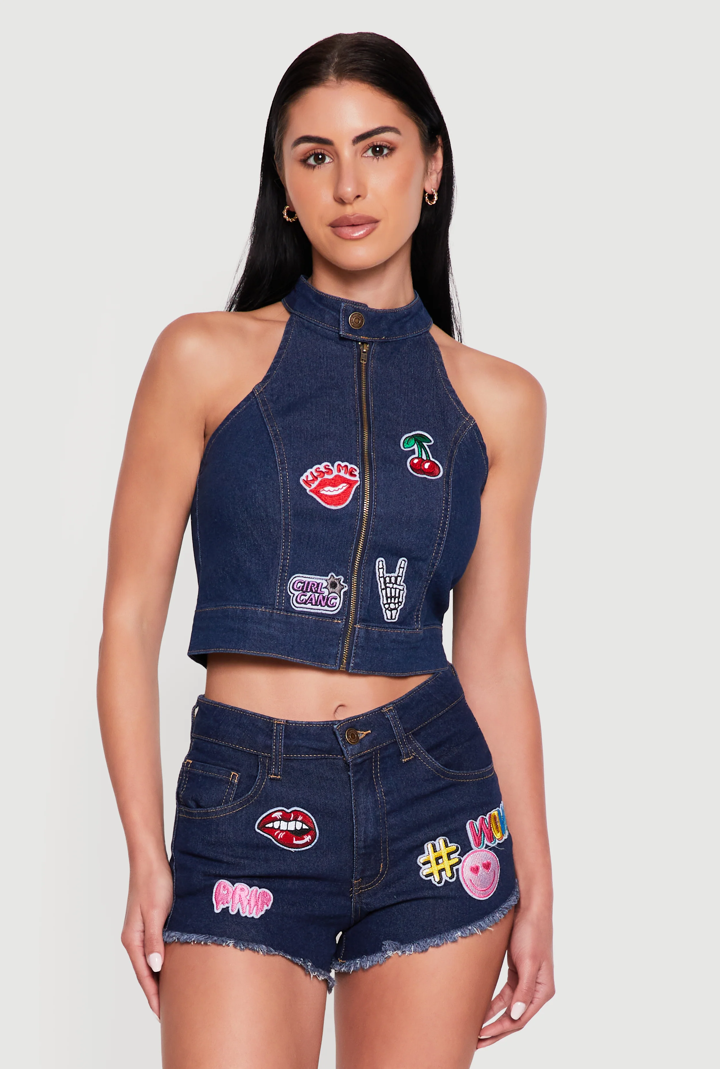 Graphic Patch Zip Front Denim Crop Top