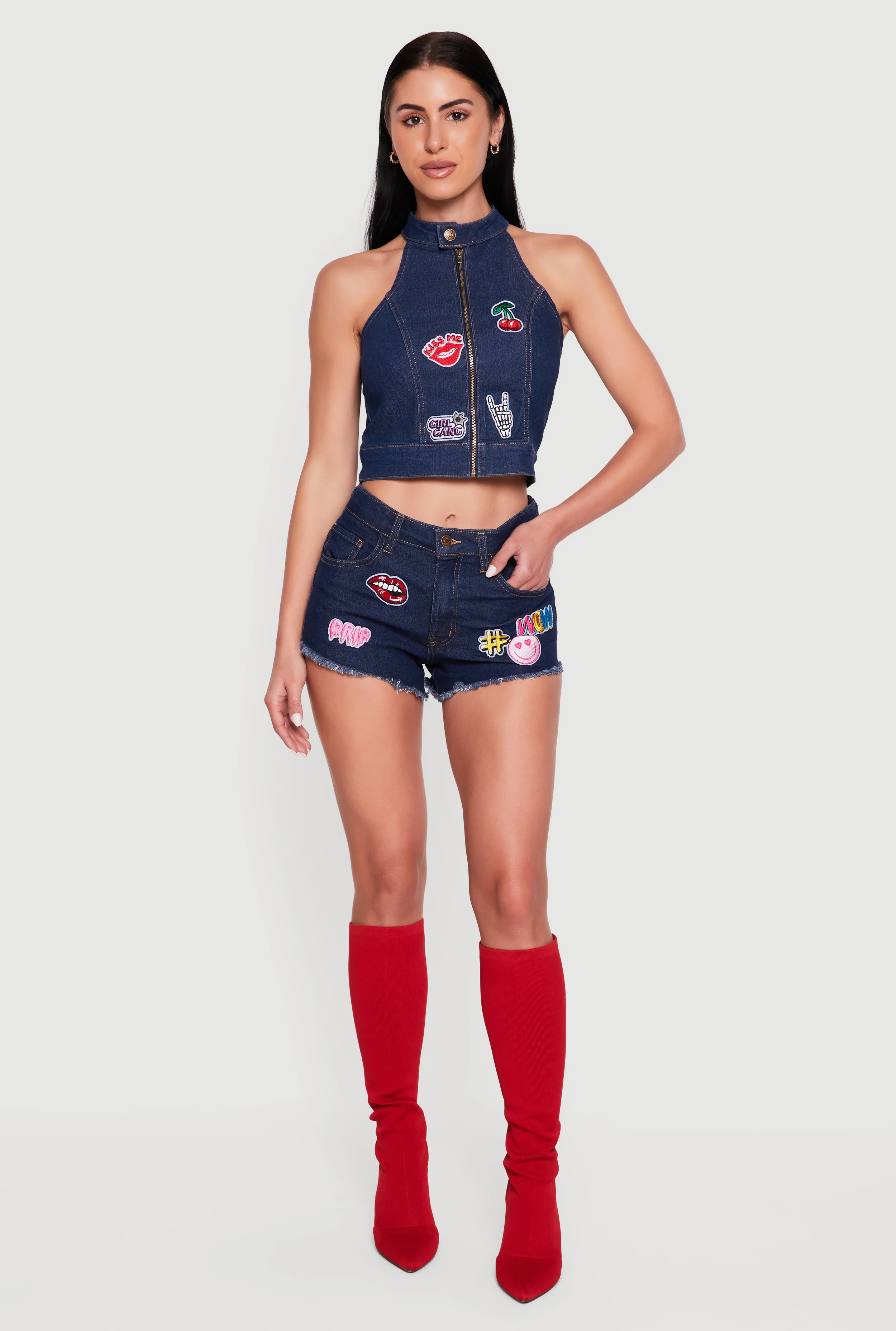 Embroidered Patch Graphic Raw Hem Denim Shorts
