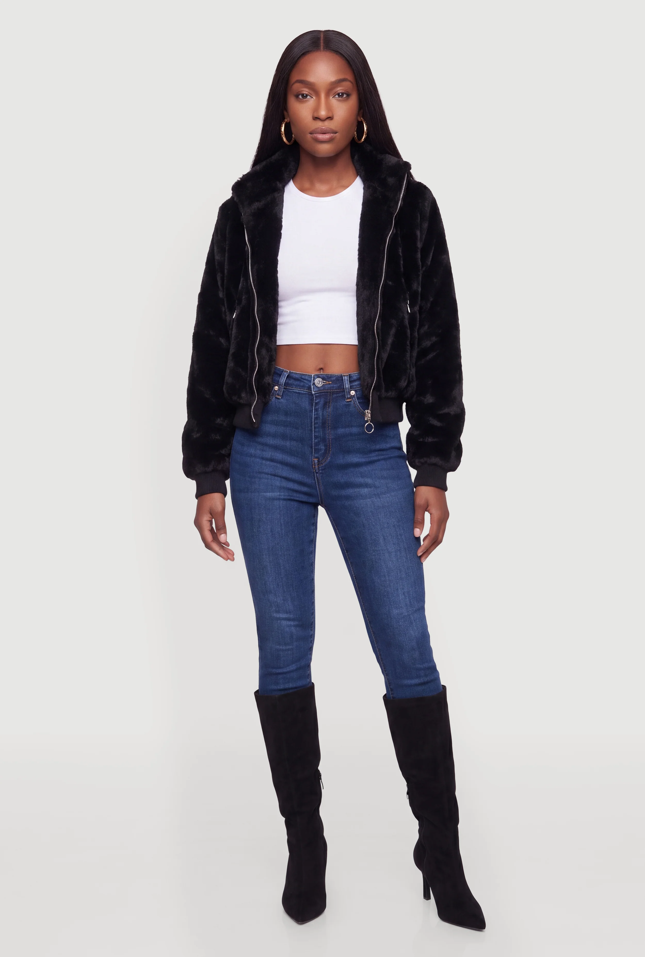 Faux Fur Zip Front Bomber Jacket