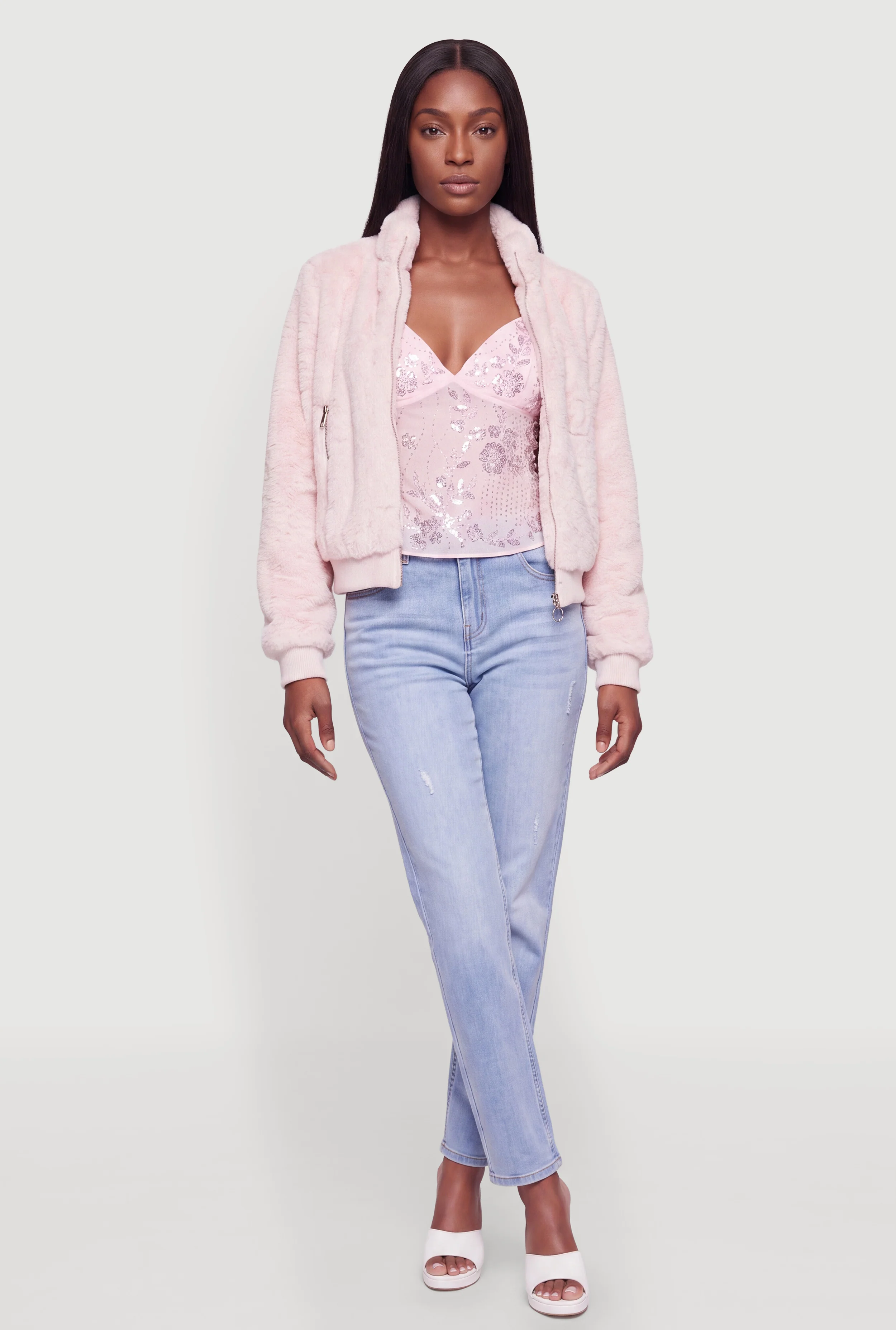 Faux Fur Zip Front Bomber Jacket