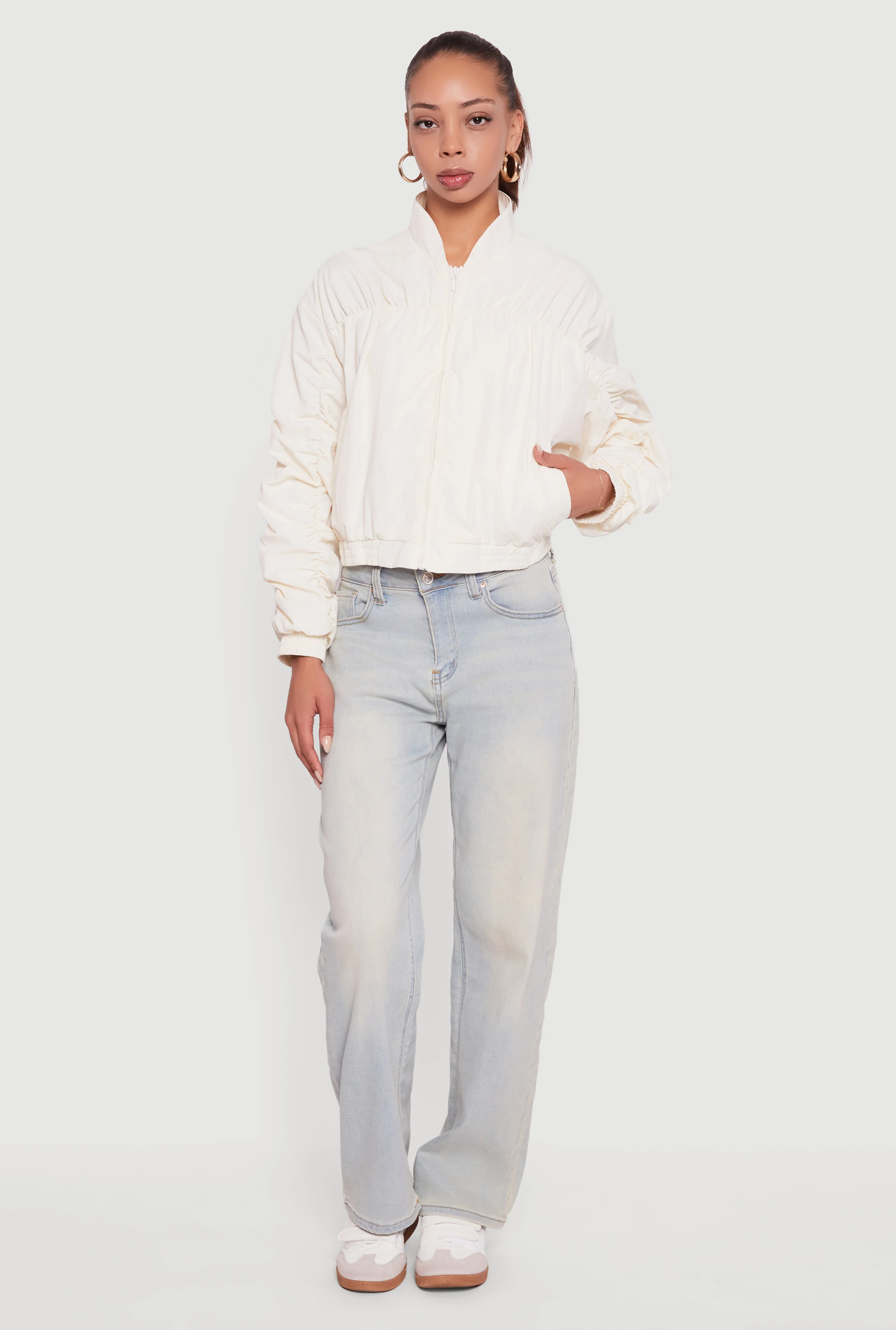 Ruched Long Sleeve Zip Front Windbreaker Jacket