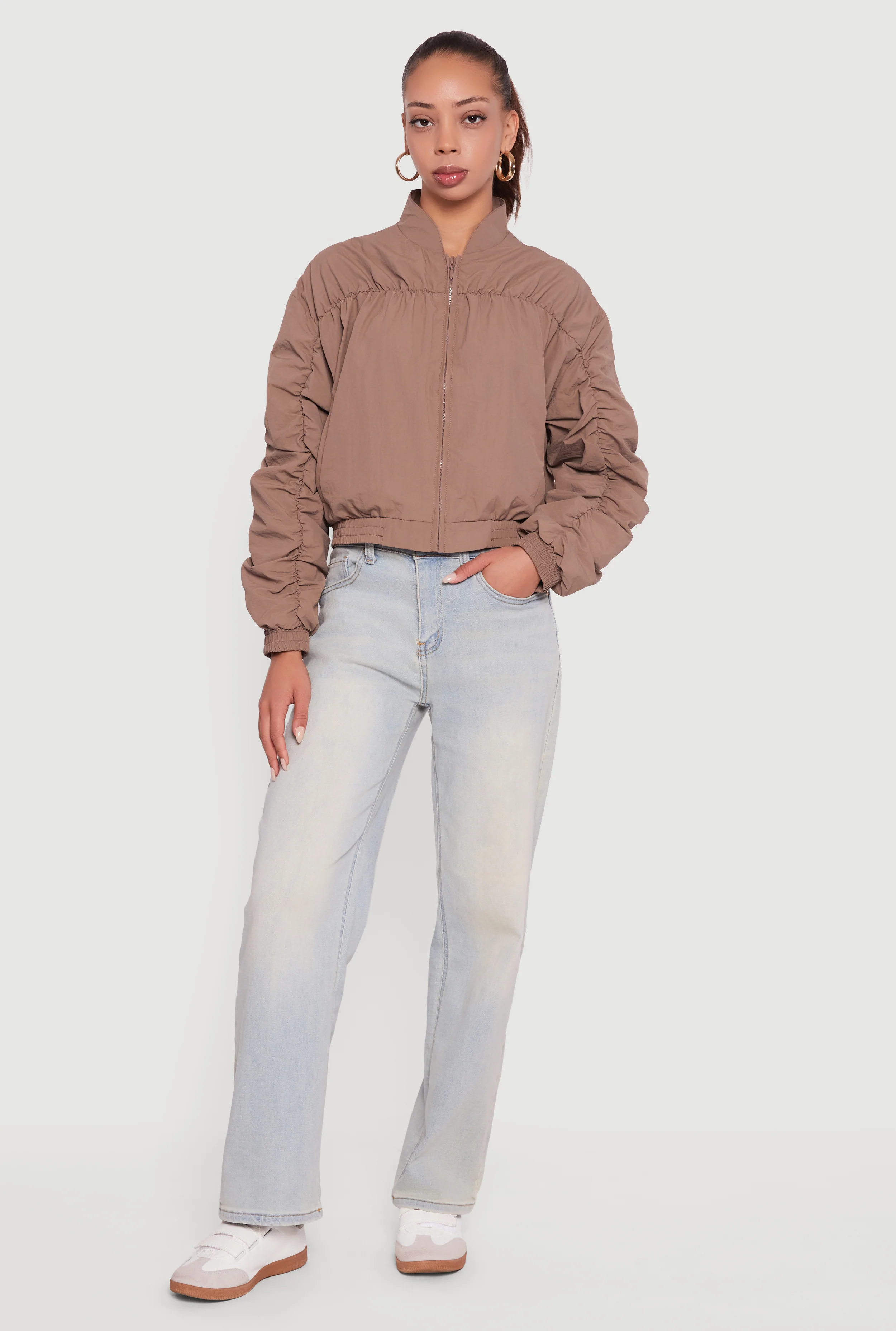 Ruched Long Sleeve Zip Front Windbreaker Jacket