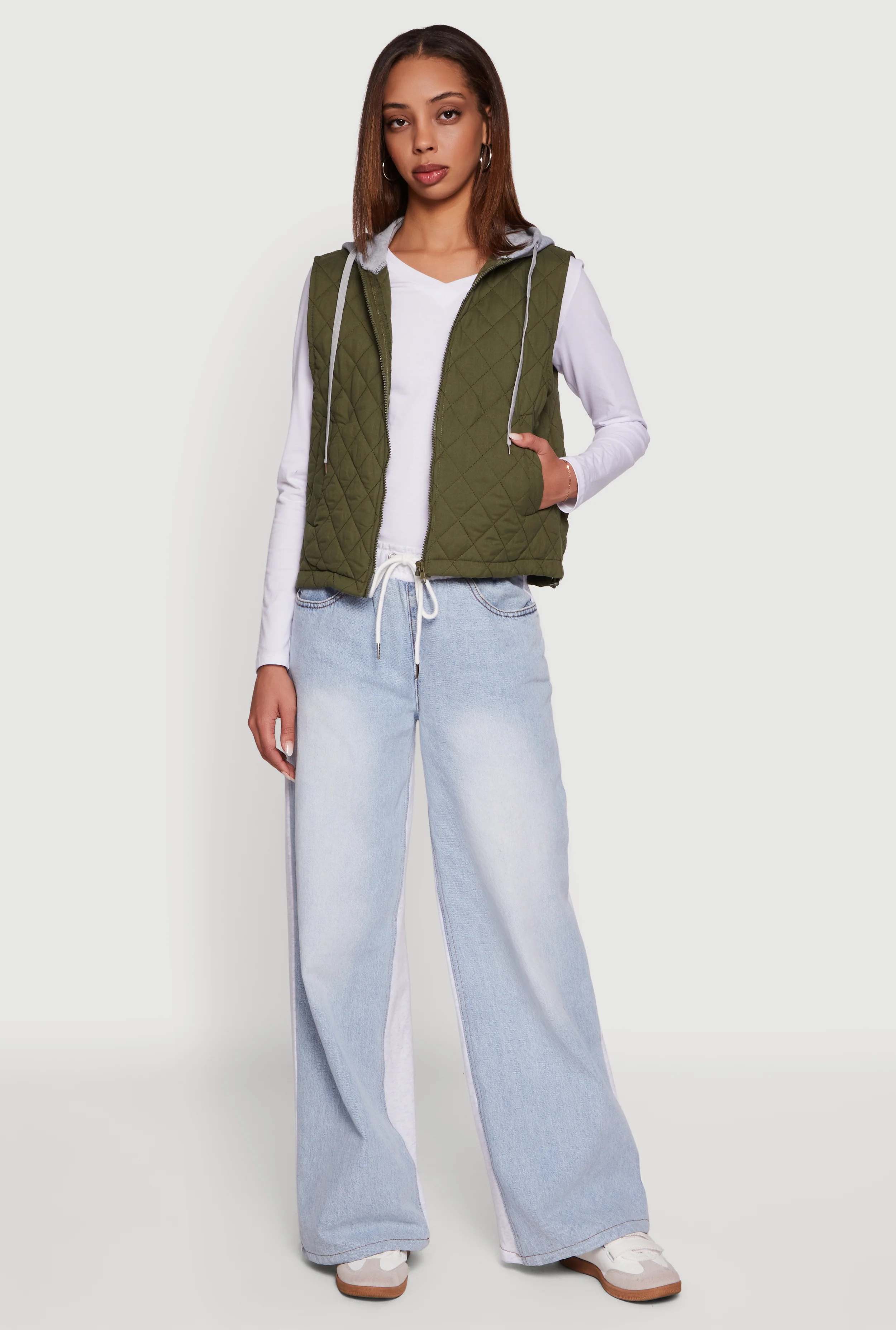 Fleece Hooded Zip Front Quilted Vest