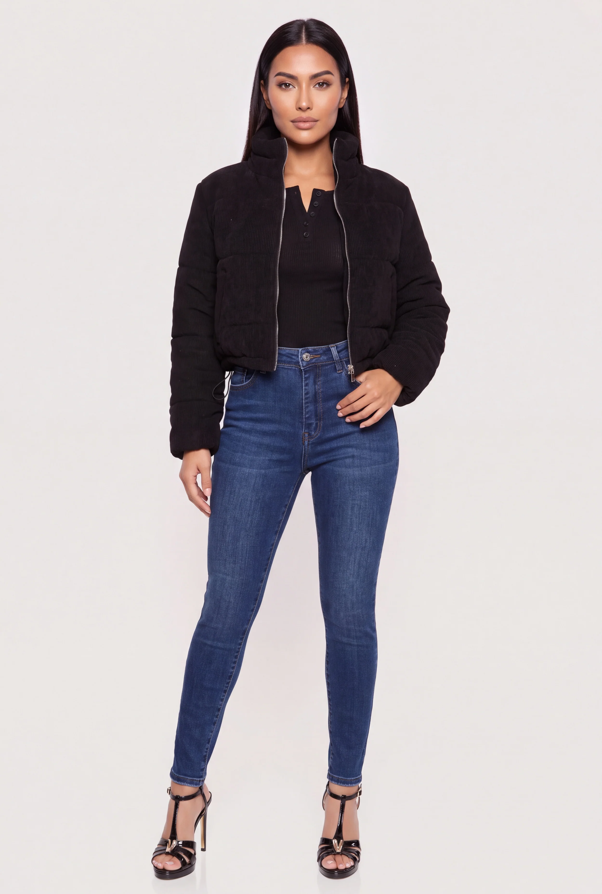 Quilted Corduroy Toggle Drawstring Hem Puffer Jacket