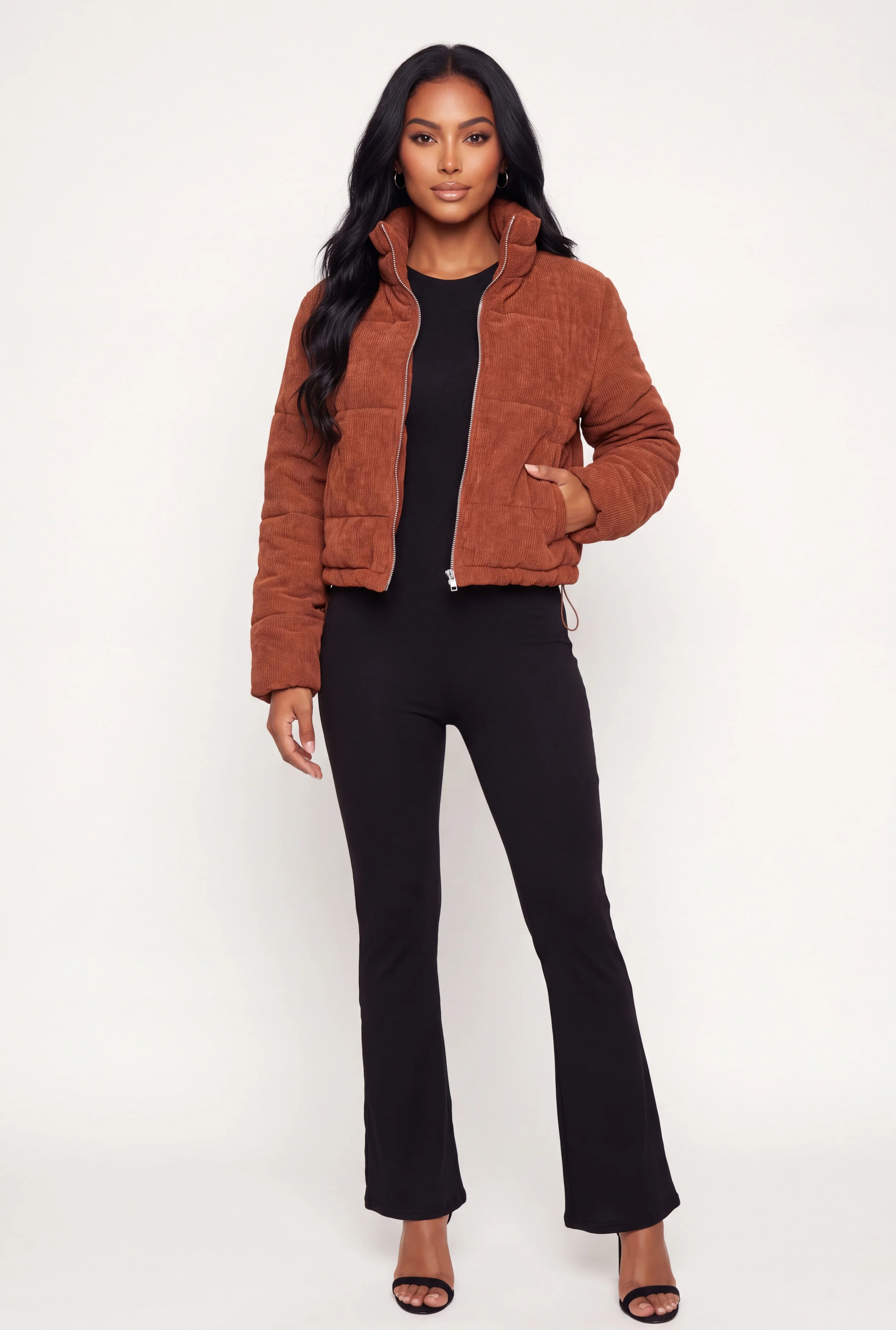 Quilted Corduroy Toggle Drawstring Hem Puffer Jacket